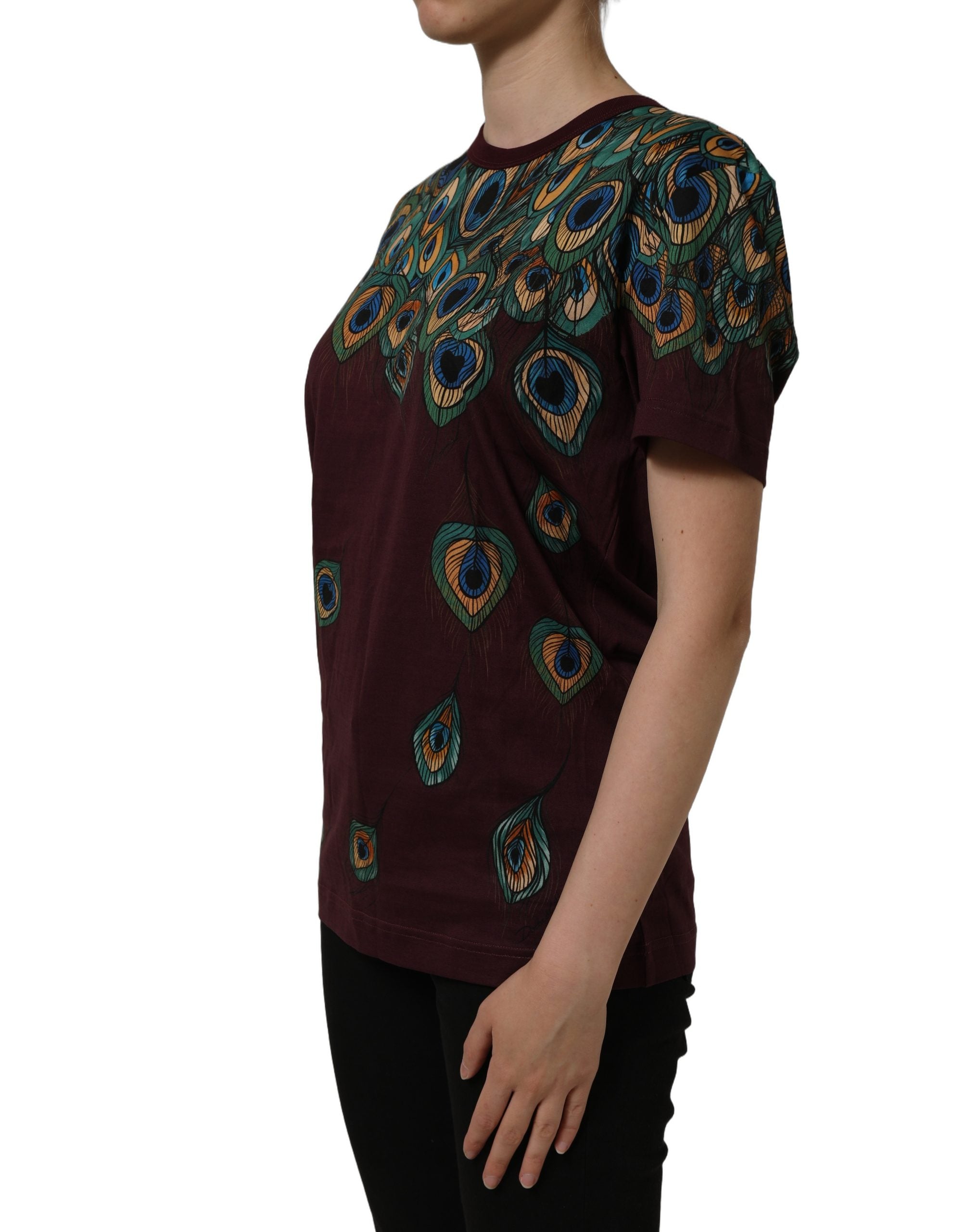 Dolce & Gabbana Burgundy Peacock Feather Round Neck T-shirt Dolce & Gabbana