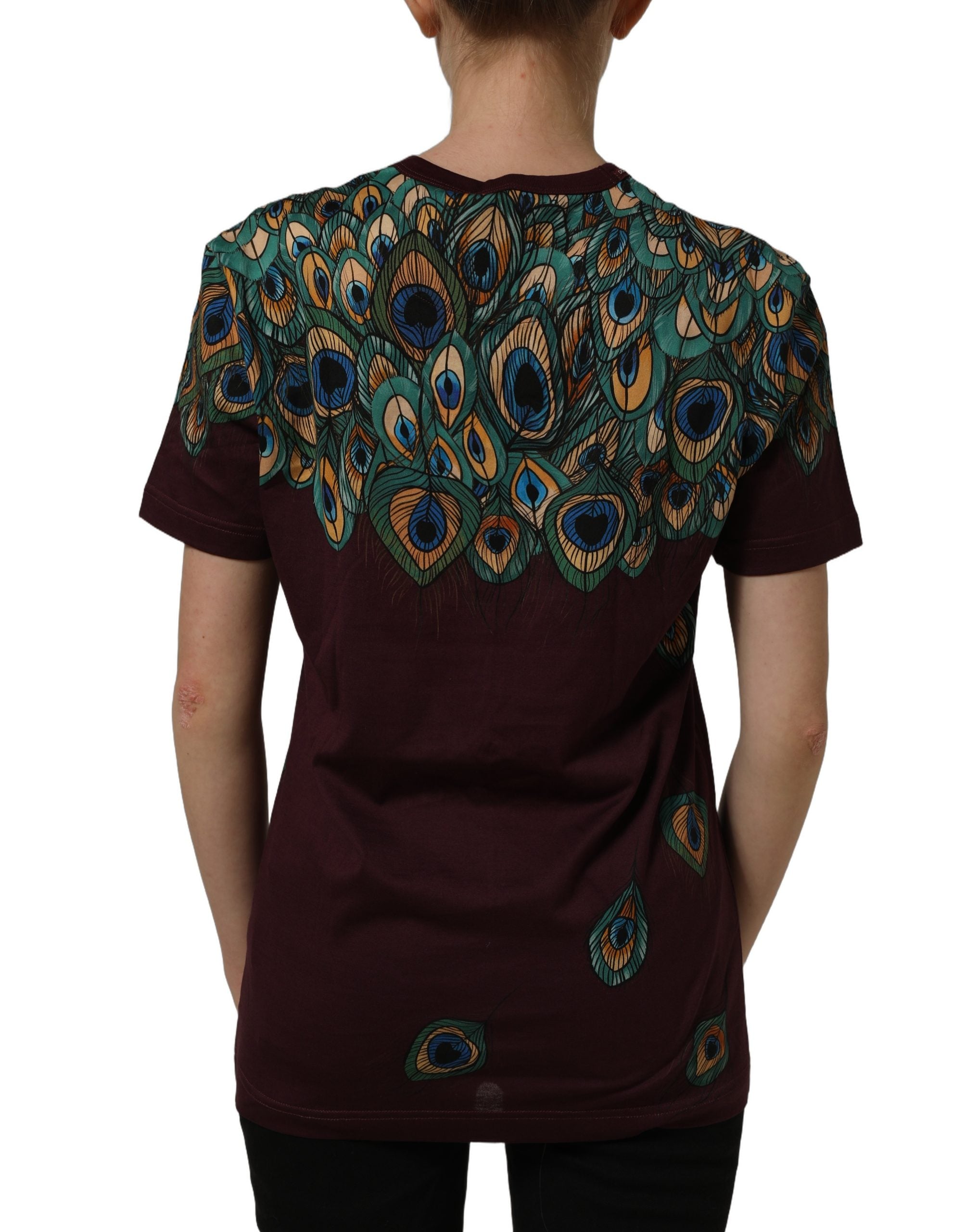 Dolce & Gabbana Burgundy Peacock Feather Round Neck T-shirt Dolce & Gabbana