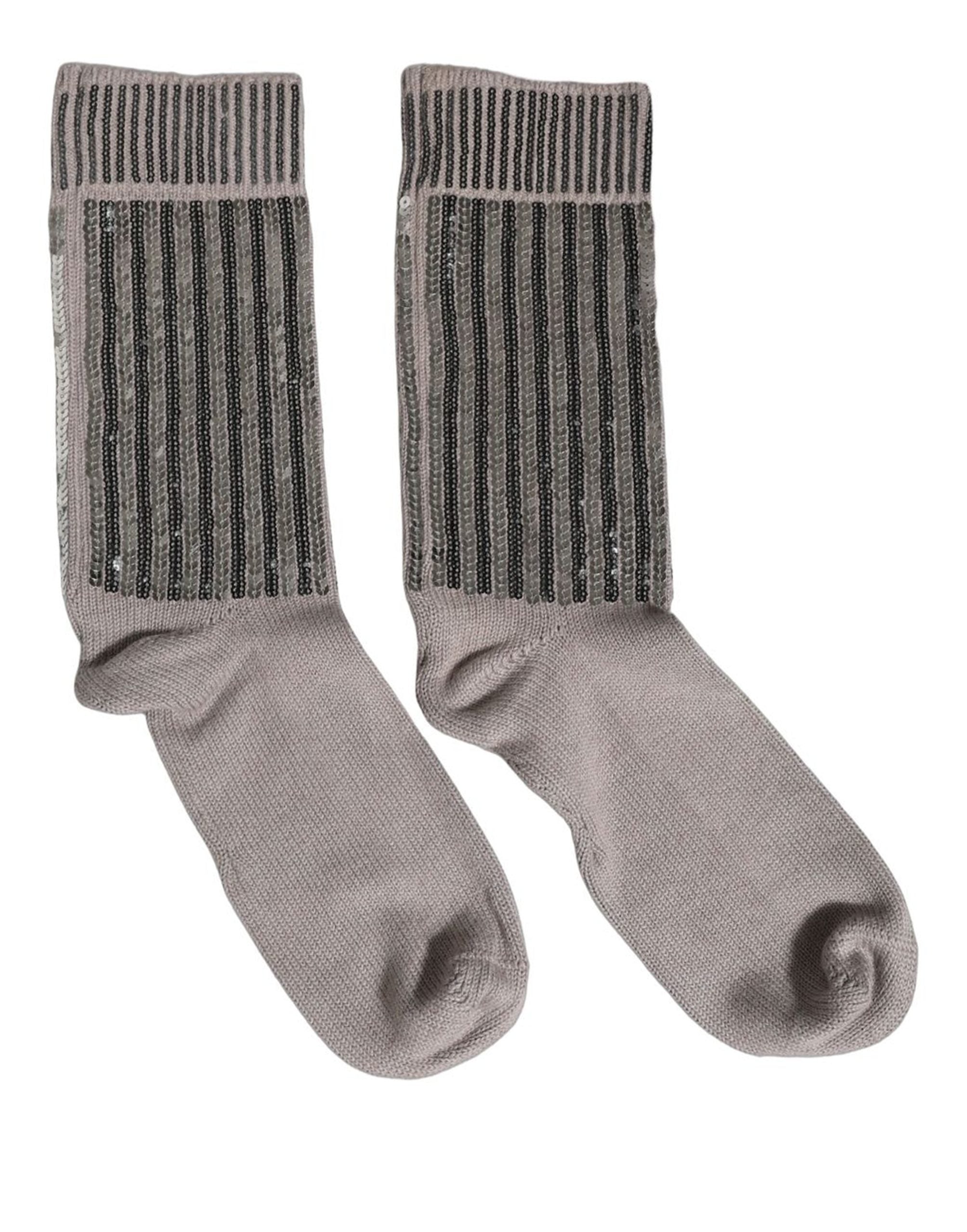 Dolce & Gabbana Gray Sequin Cotton Knit Mid Calf Accessory Socks Dolce & Gabbana