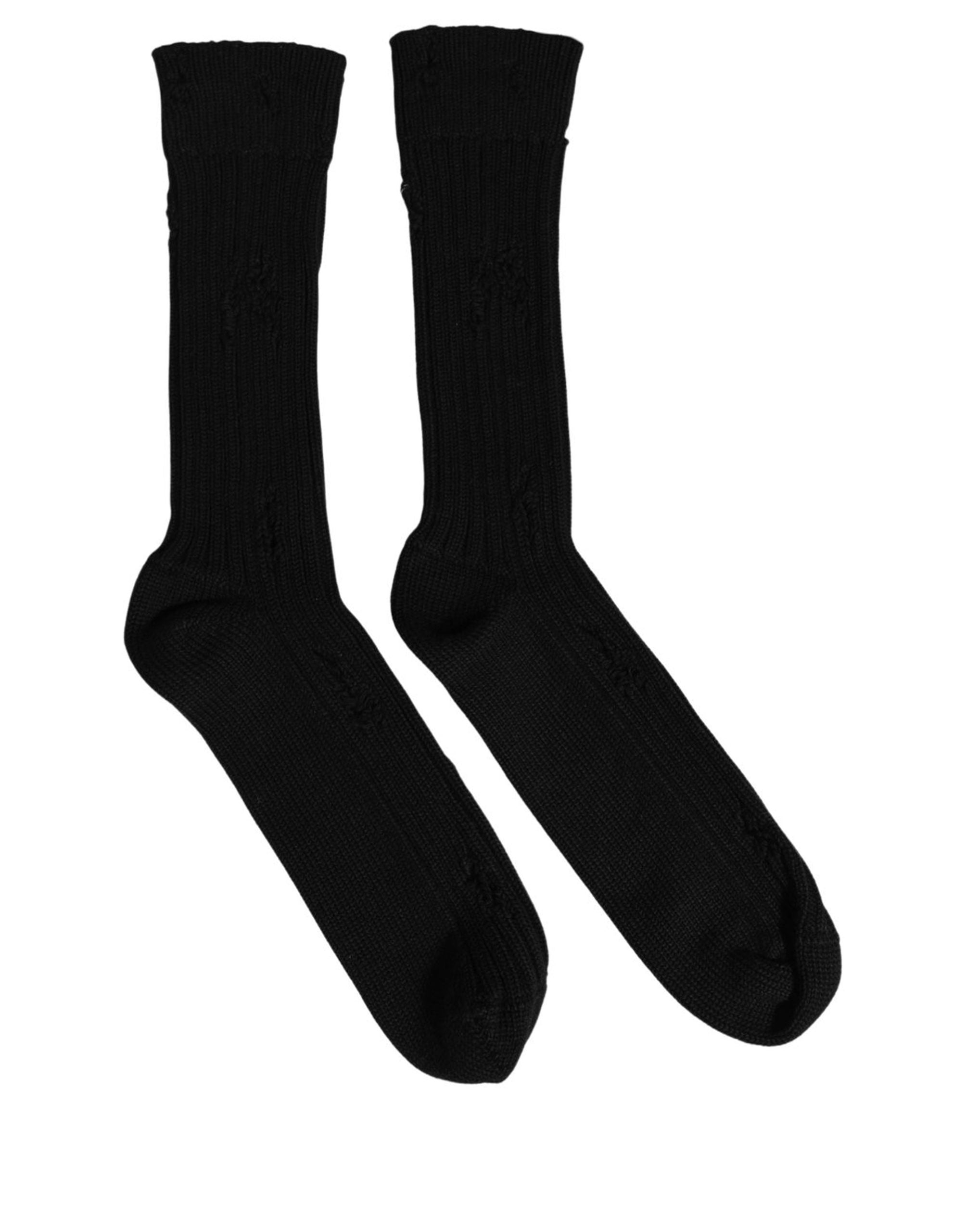Dolce & Gabbana Men Black Cotton Distressed Mid Calf Accessory Socks Dolce & Gabbana