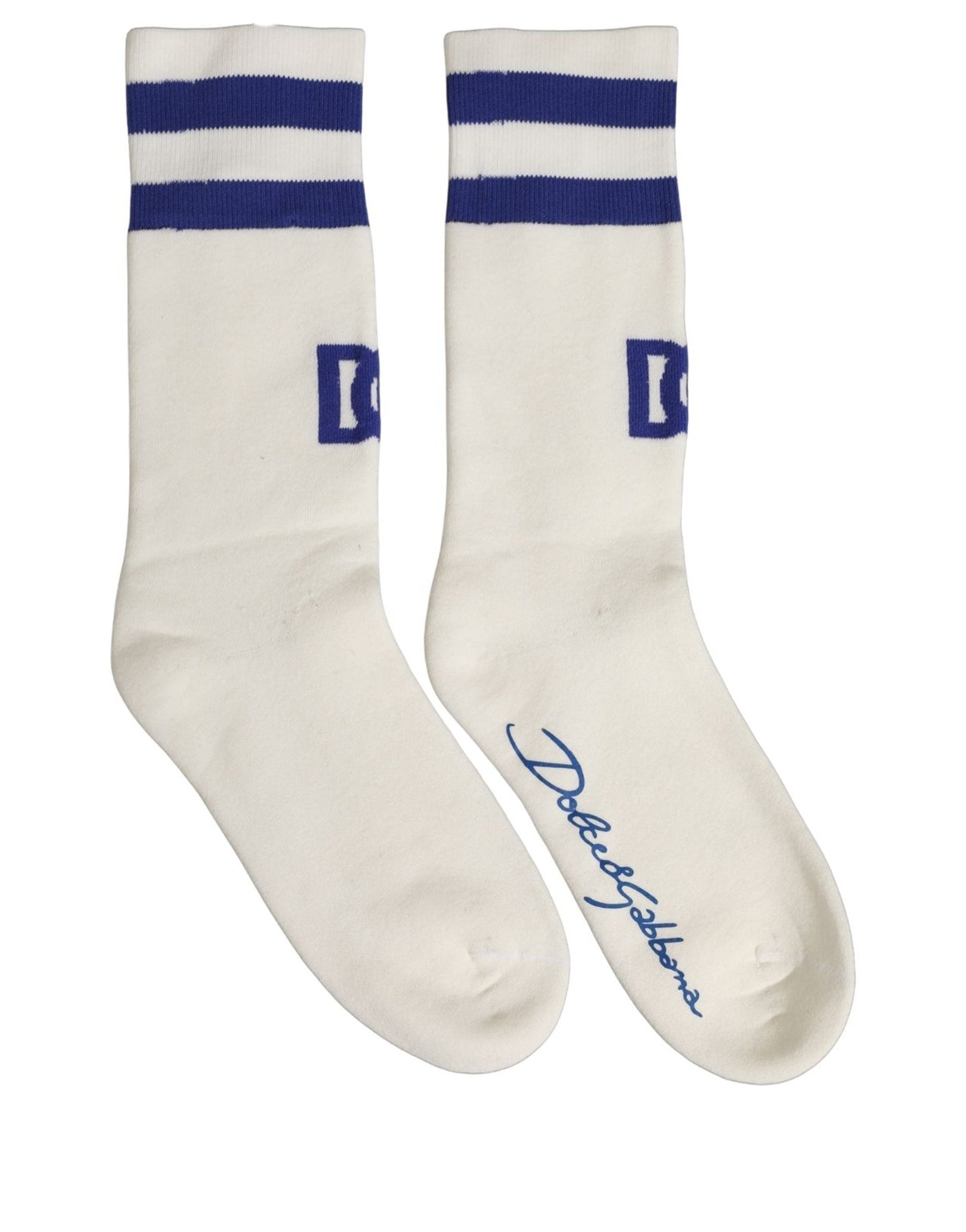 Dolce & Gabbana White Blue Cotton Logo Calf Women Accessory Socks Dolce & Gabbana
