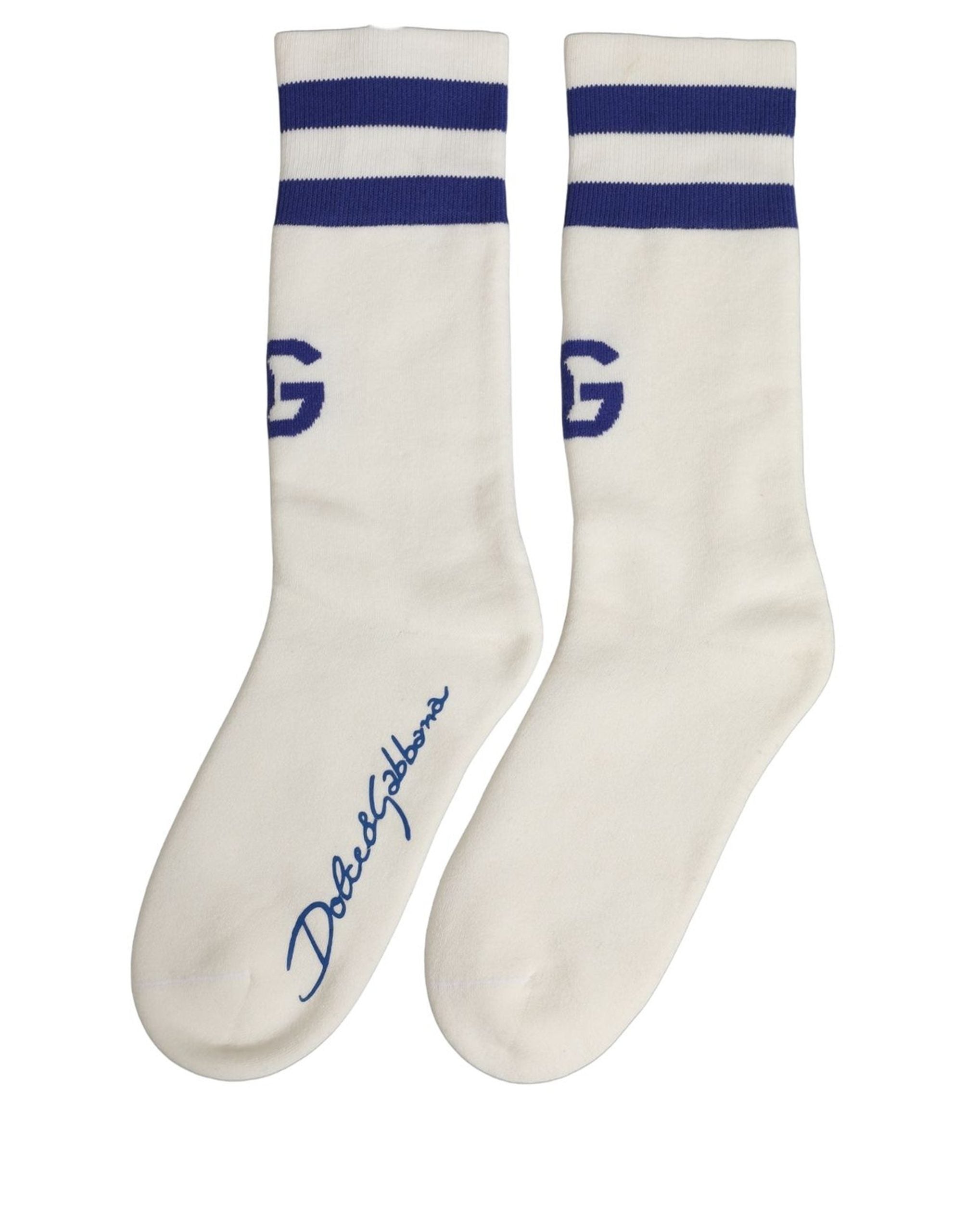 Dolce & Gabbana White Blue Cotton Logo Calf Women Accessory Socks Dolce & Gabbana