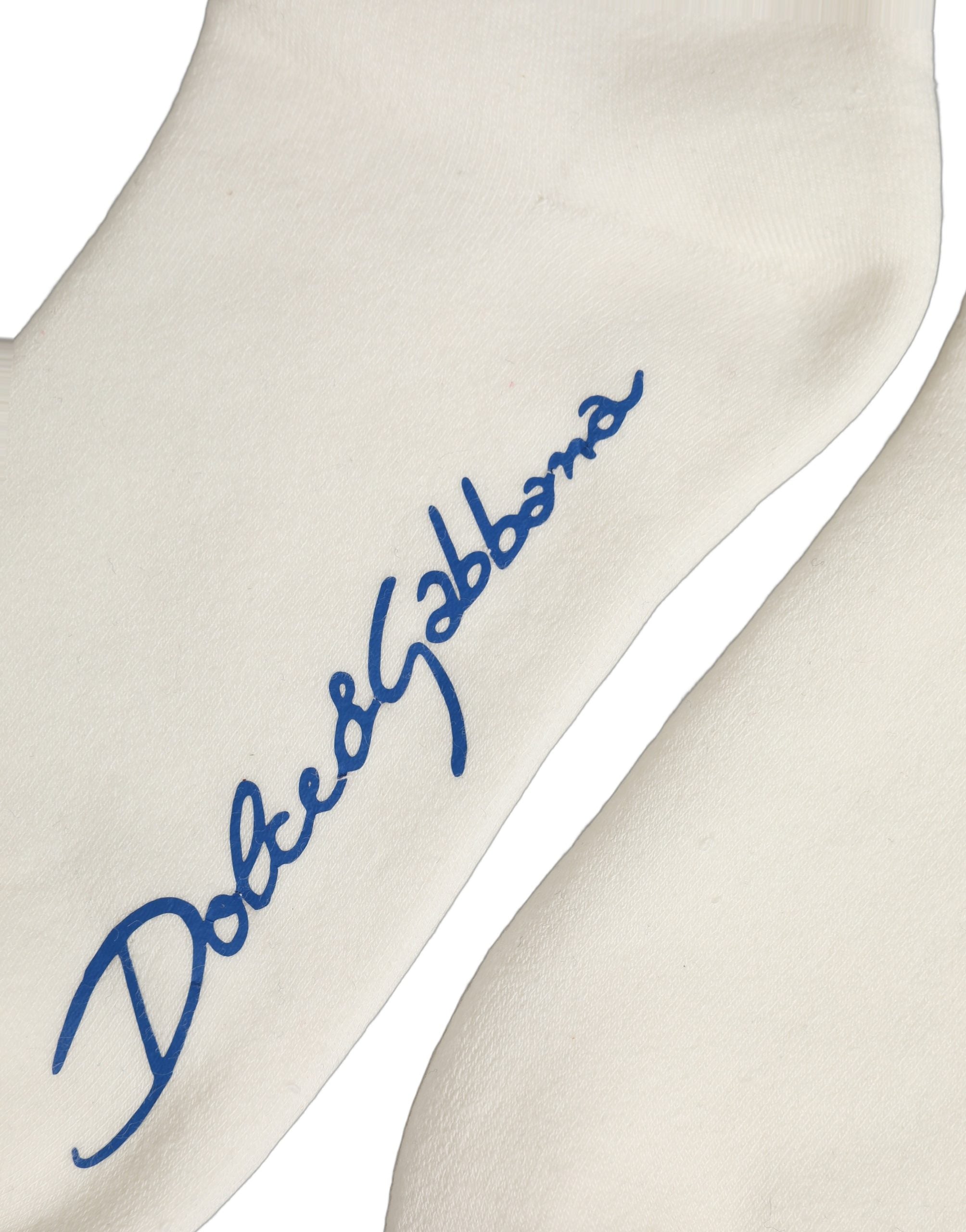 Dolce & Gabbana White Blue Cotton Logo Calf Women Accessory Socks Dolce & Gabbana