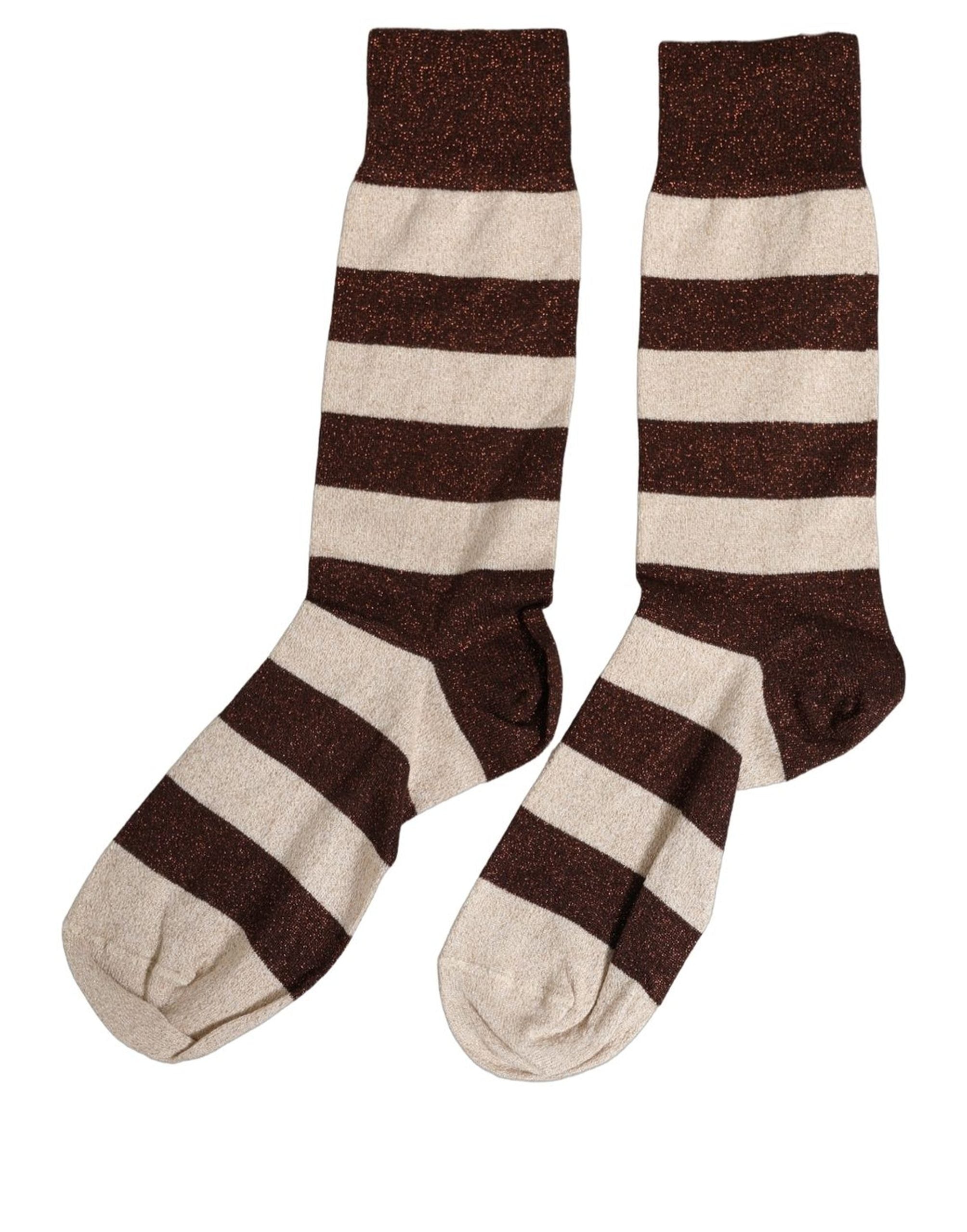Dolce & Gabbana Brown Beige Stripes Mid Calf Accessory Socks Dolce & Gabbana