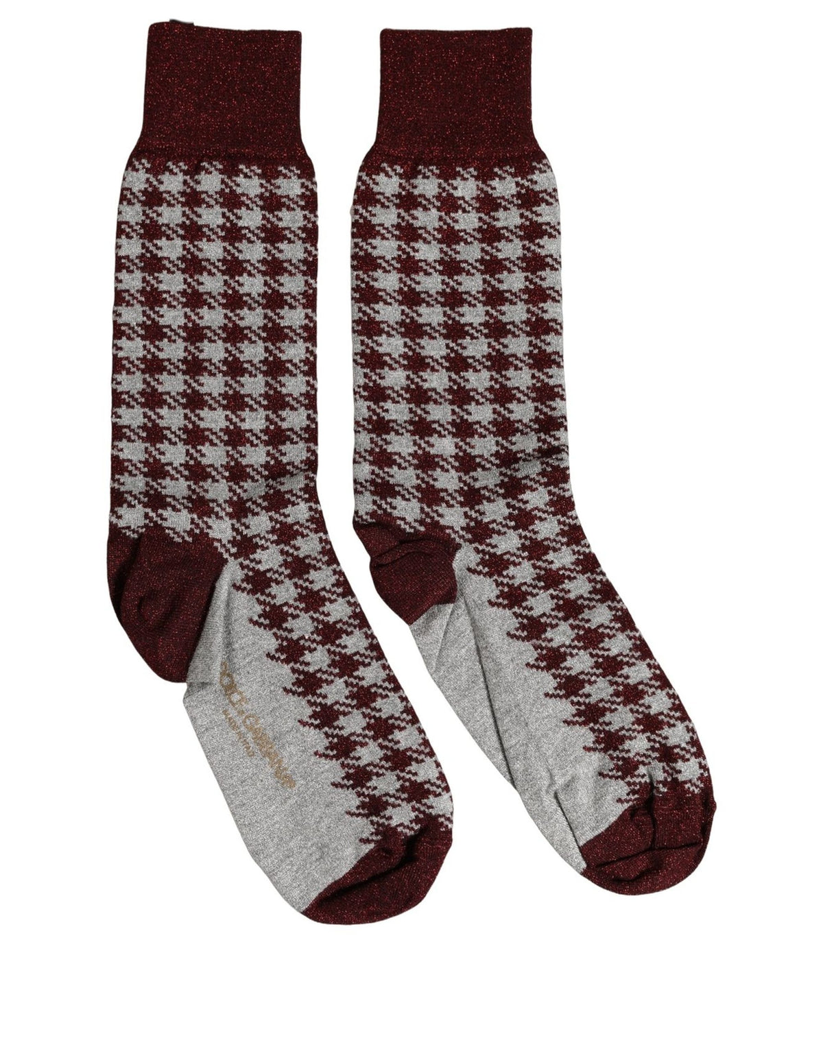 Dolce & Gabbana Maroon Gray Houndstooth Mid Calf Accessory Socks Dolce & Gabbana