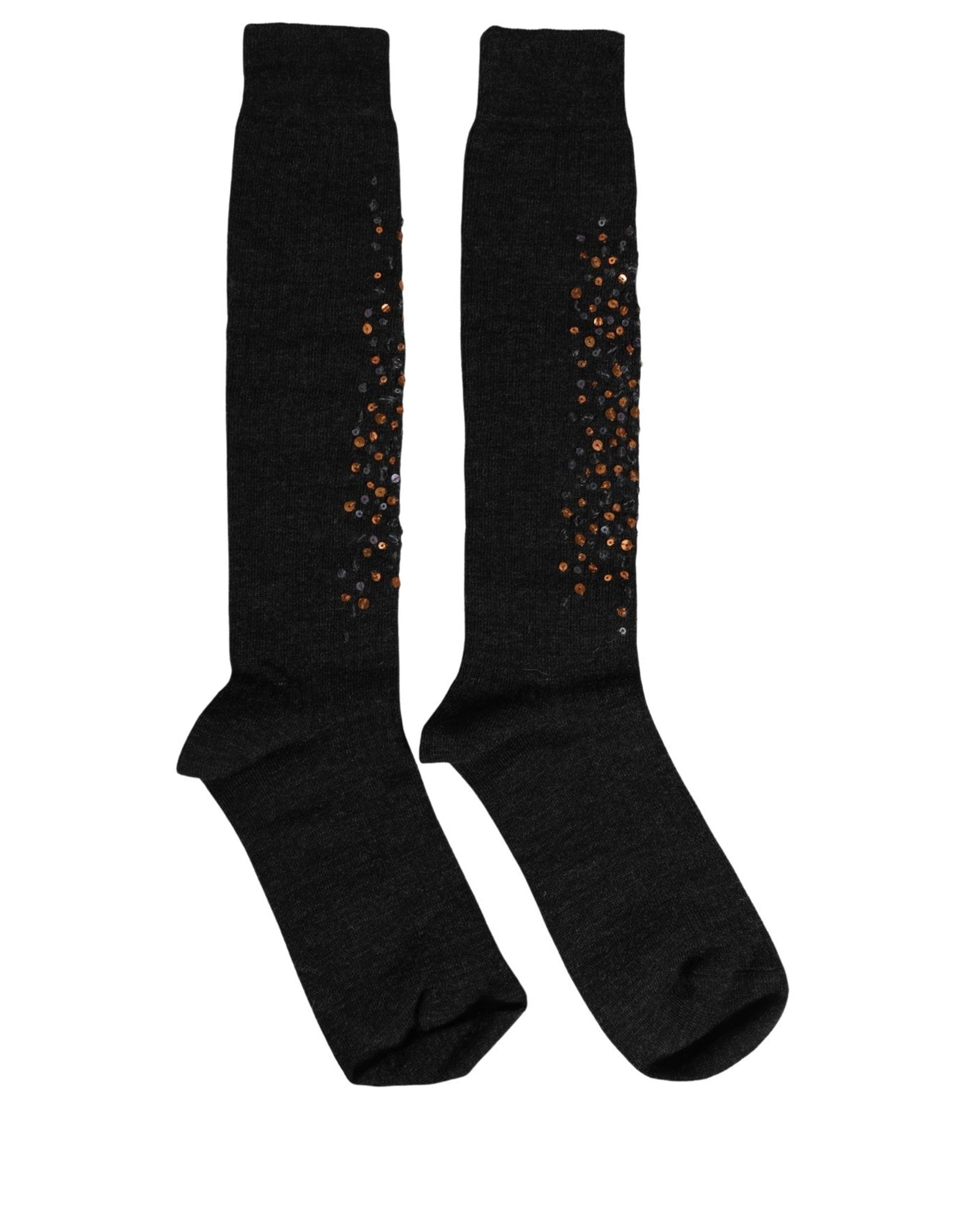 Dolce & Gabbana Dark Gray Sequined Wool Knee High Accessory Socks Dolce & Gabbana