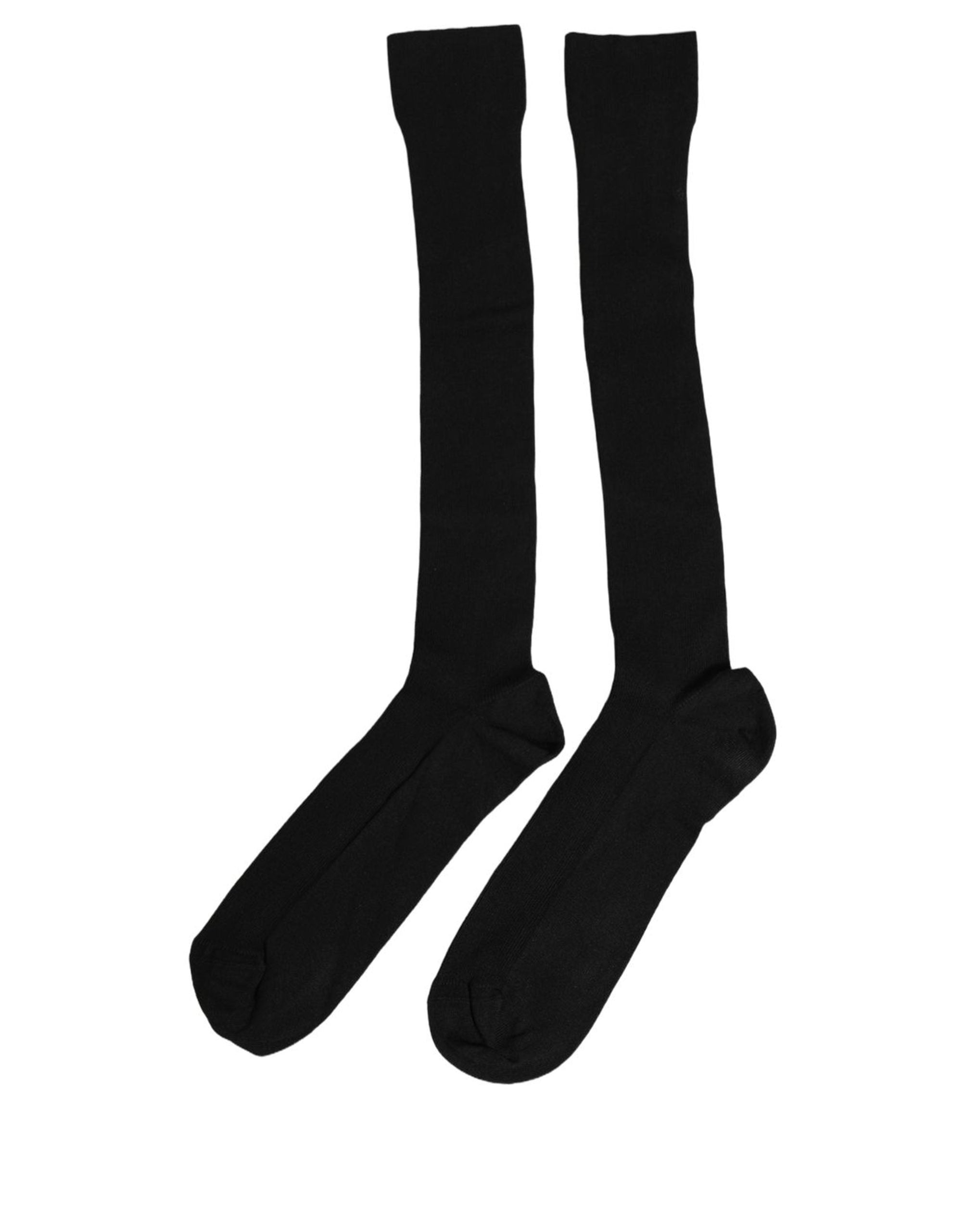 Dolce & Gabbana Black Cotton Ribbed Logo Over The Calf Women Socks Dolce & Gabbana