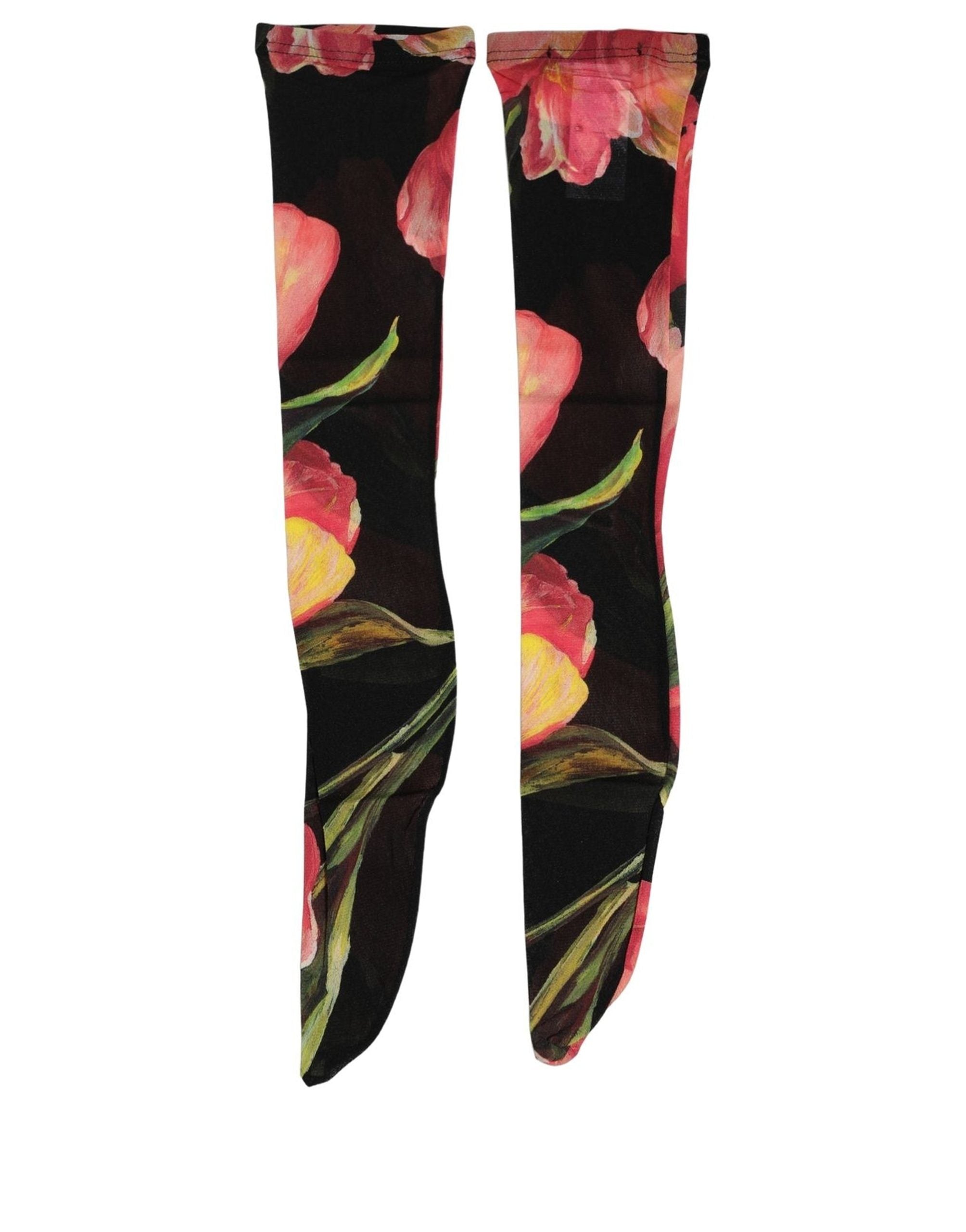 Dolce & Gabbana Black Pink Floral Tulip Nylon Stockings Socks Dolce & Gabbana