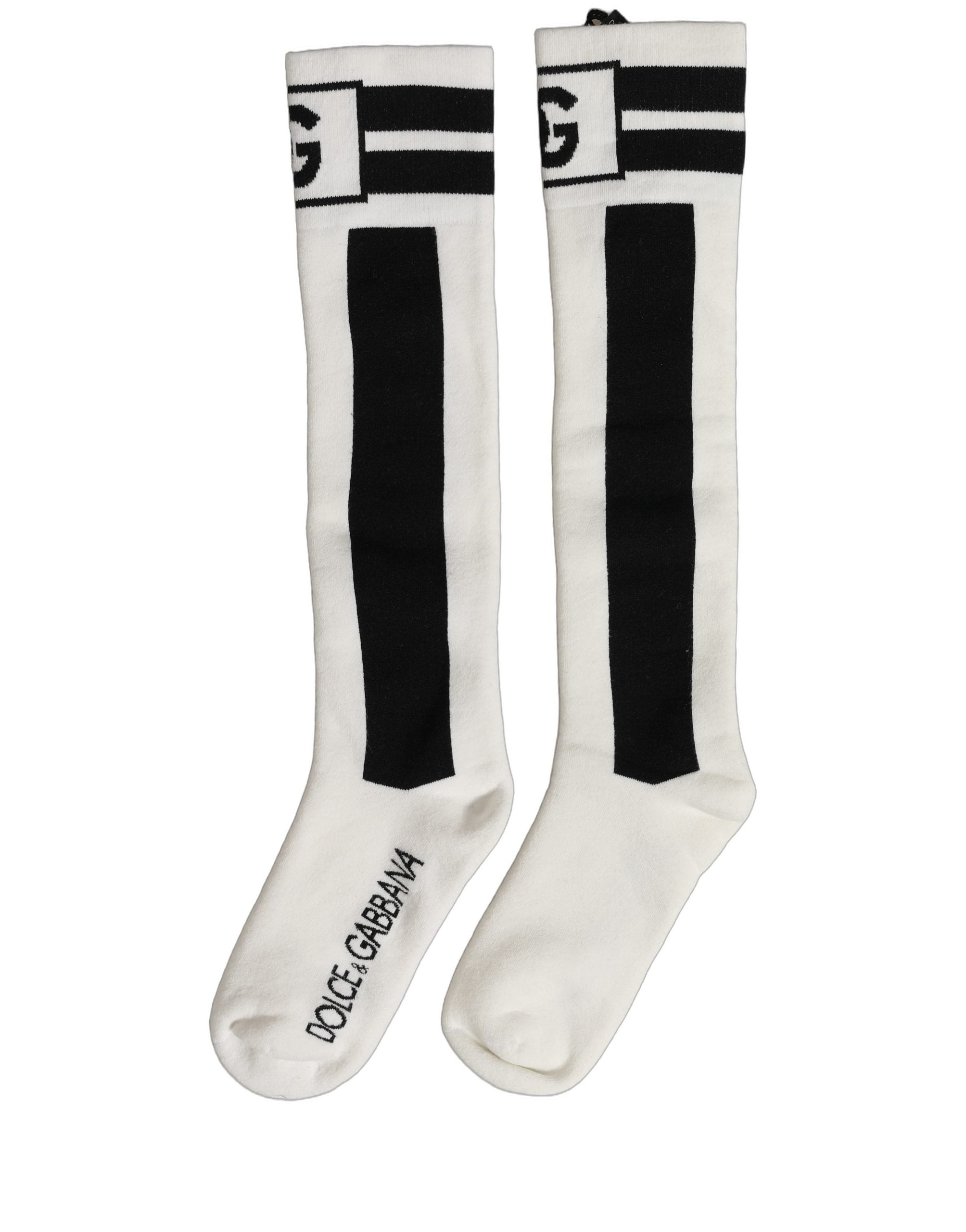 Dolce & Gabbana White Black Cotton Stretch Knee High Socks Dolce & Gabbana