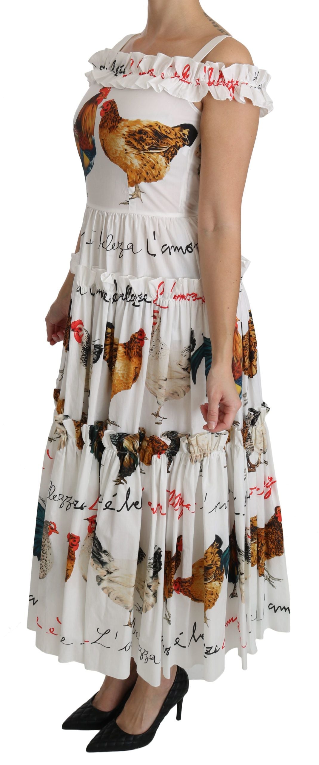 Dolce & Gabbana White Rooster Sheath Midi Cotton Dress Dolce & Gabbana