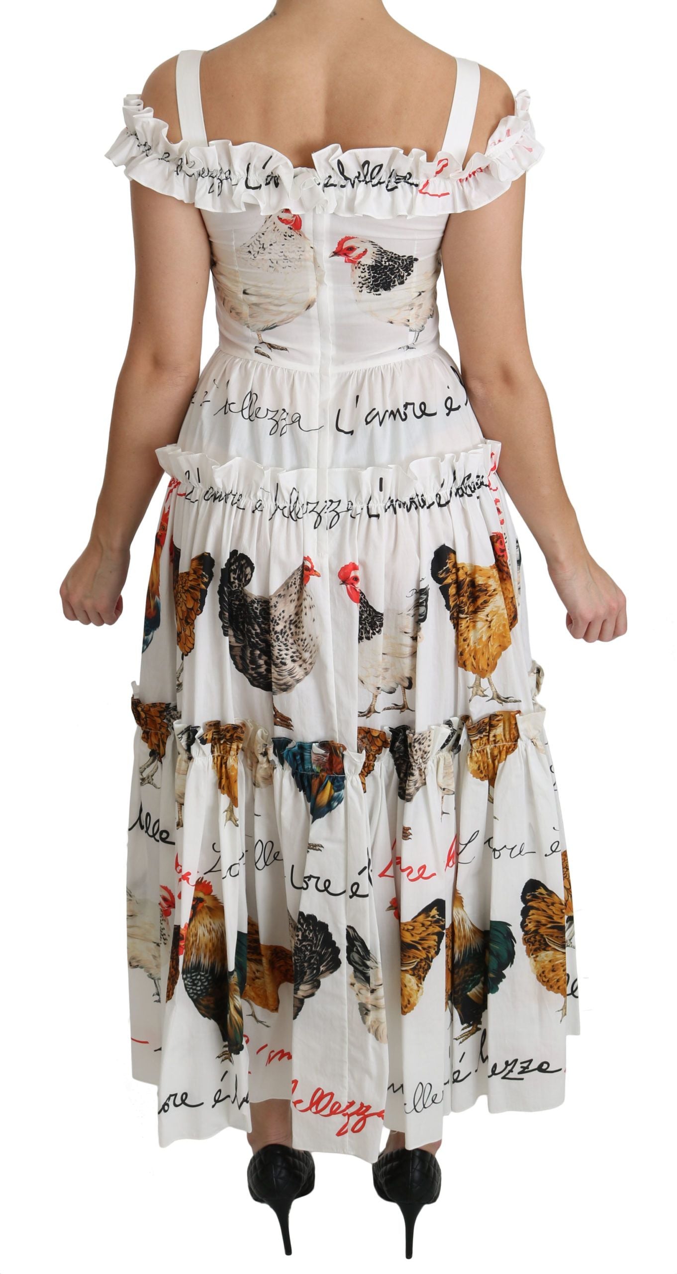 Dolce & Gabbana White Rooster Sheath Midi Cotton Dress Dolce & Gabbana