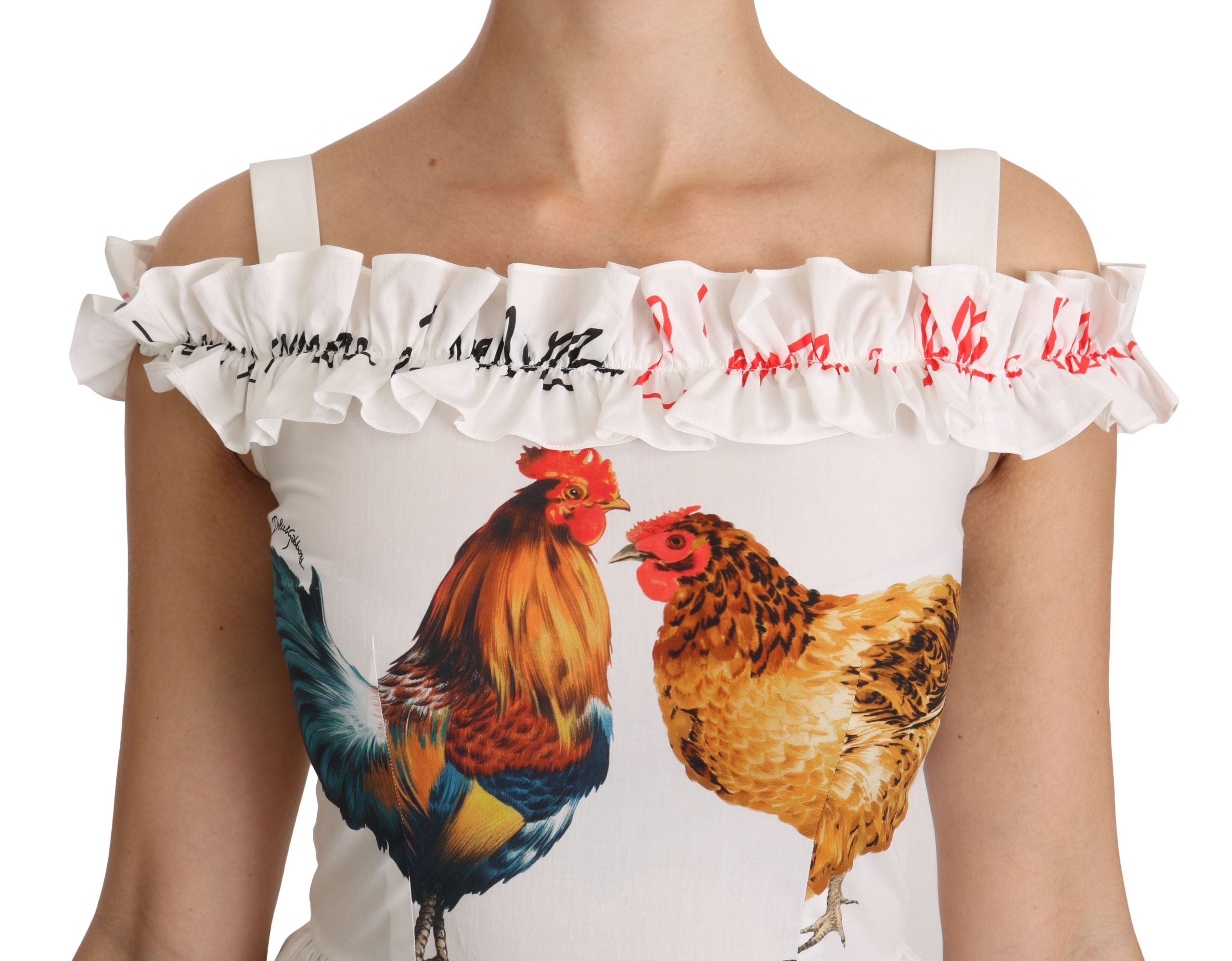 Dolce & Gabbana White Rooster Sheath Midi Cotton Dress Dolce & Gabbana