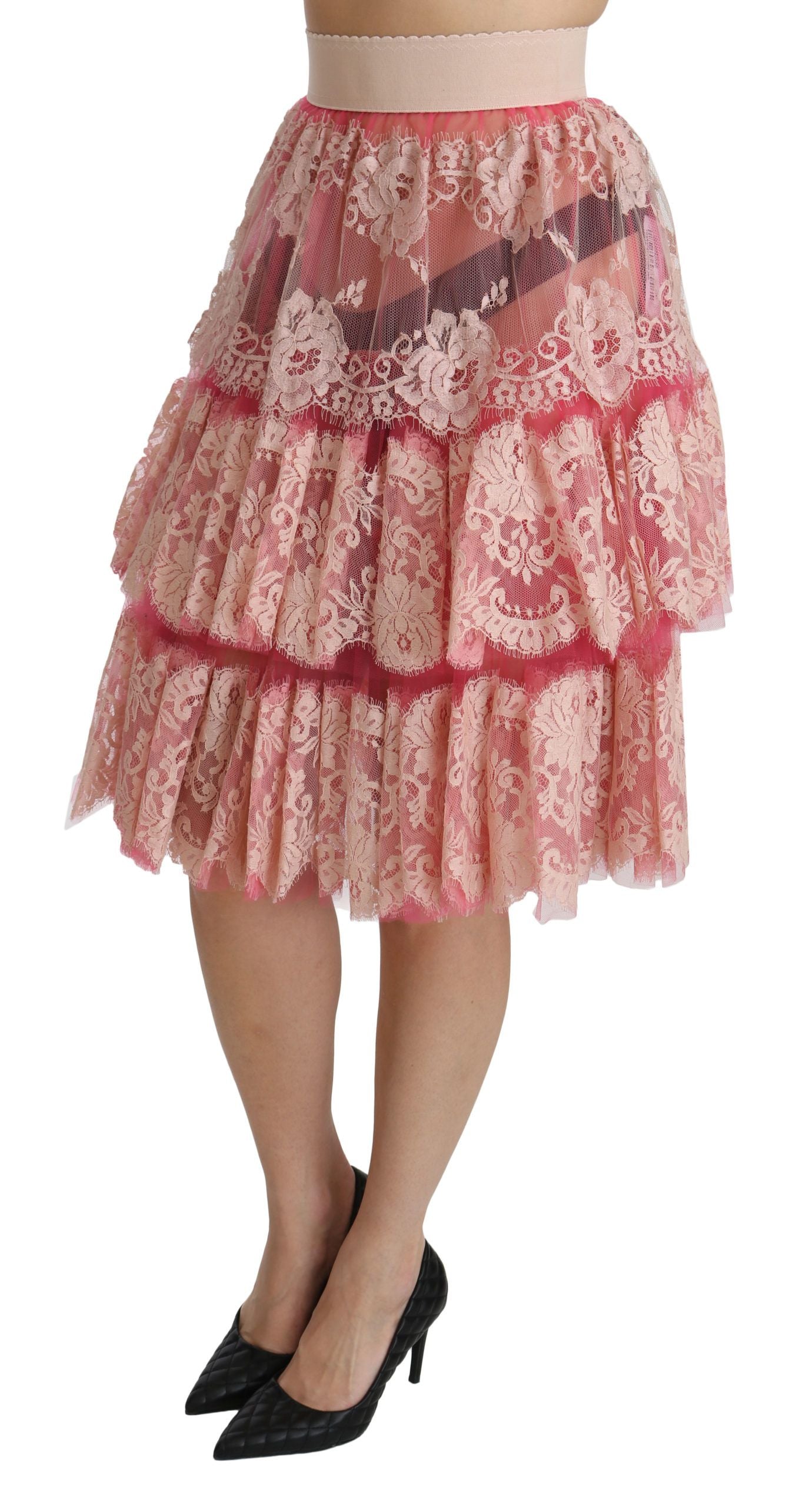 Dolce & Gabbana Pink Lace Layered High Waist Knee Length Skirt Dolce & Gabbana