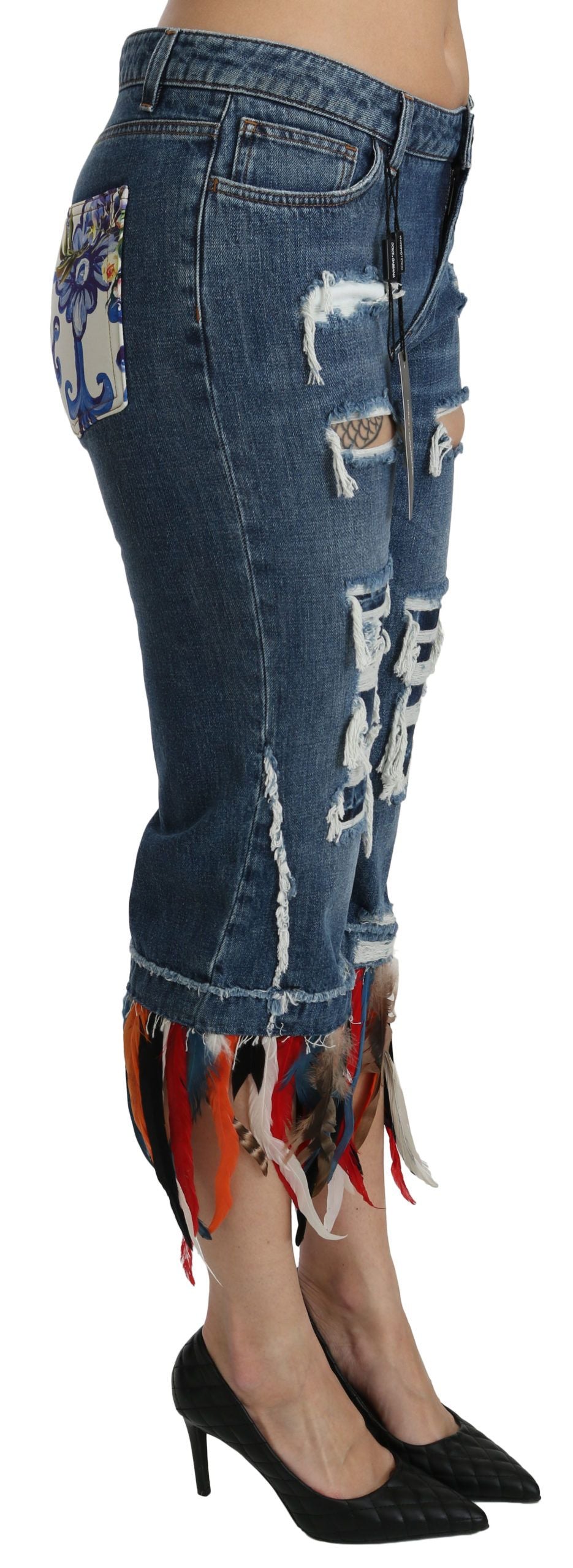 Dolce & Gabbana Blue Feathers Low Waist Cropped Cotton Jeans Dolce & Gabbana