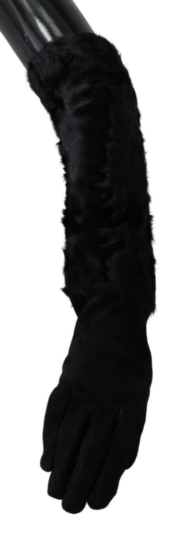 Dolce & Gabbana Black Elbow Length Mitten Suede Fur Gloves Dolce & Gabbana