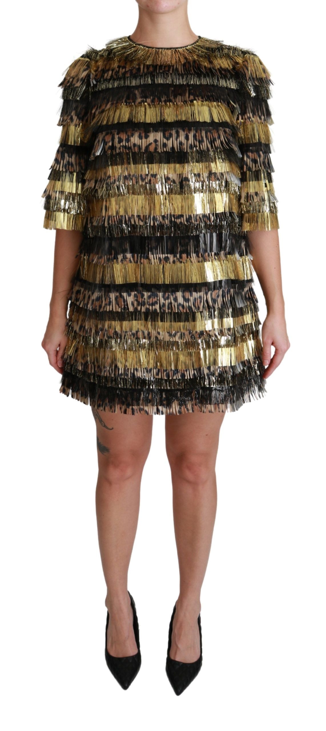 Dolce & Gabbana Polyester Black Gold Leopard Shift Mini Dress Dolce & Gabbana
