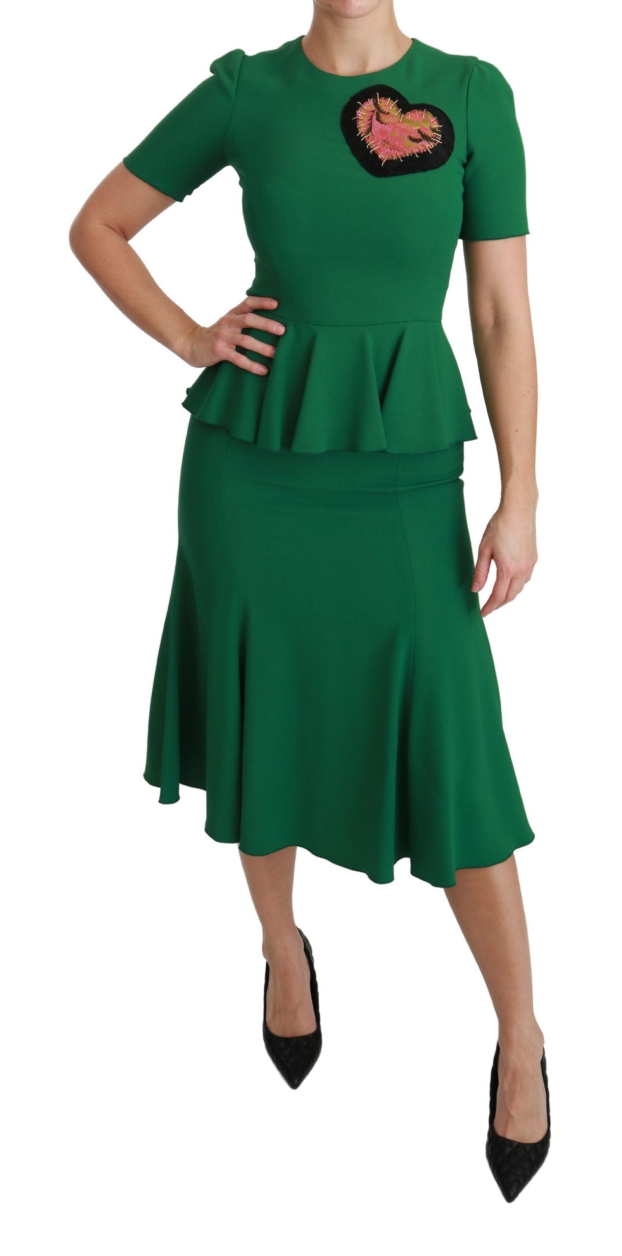 Dolce & Gabbana Green Heart Patch Mermaid Midi Viscose Dress Dolce & Gabbana
