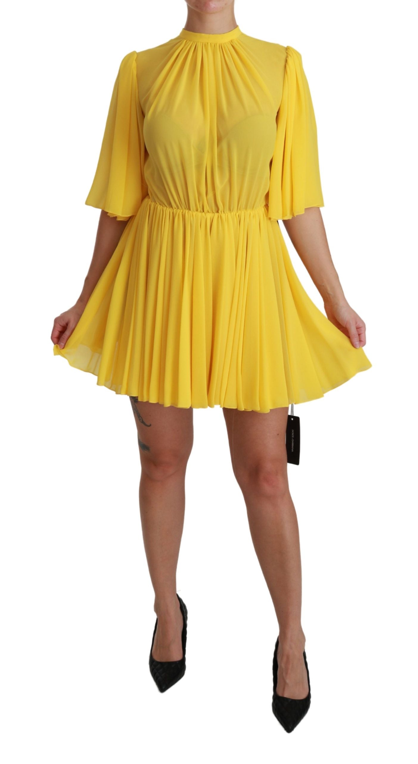 Dolce & Gabbana Yellow Pleated A-line Mini 100% Silk Dress Dolce & Gabbana