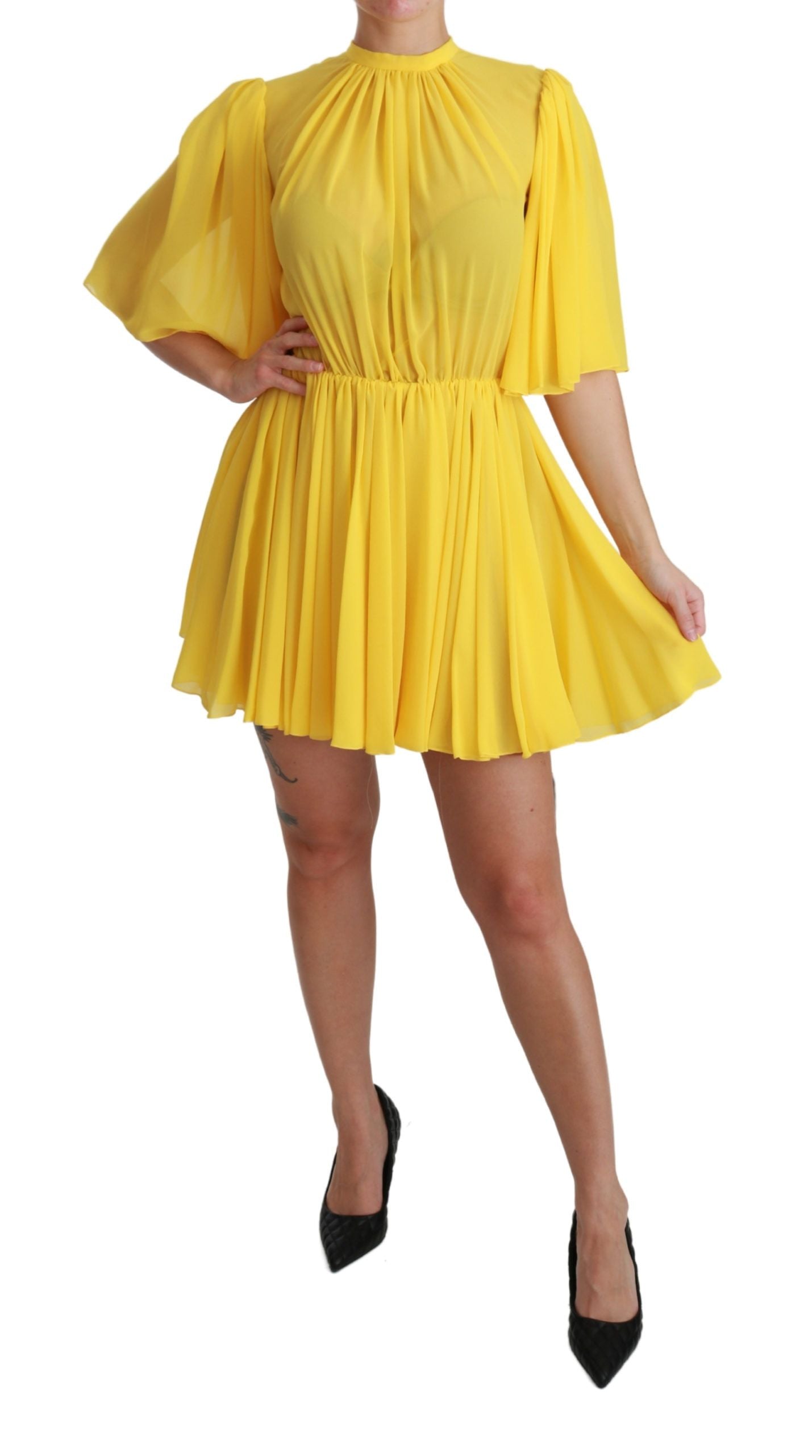 Dolce & Gabbana Yellow Pleated A-line Mini 100% Silk Dress Dolce & Gabbana