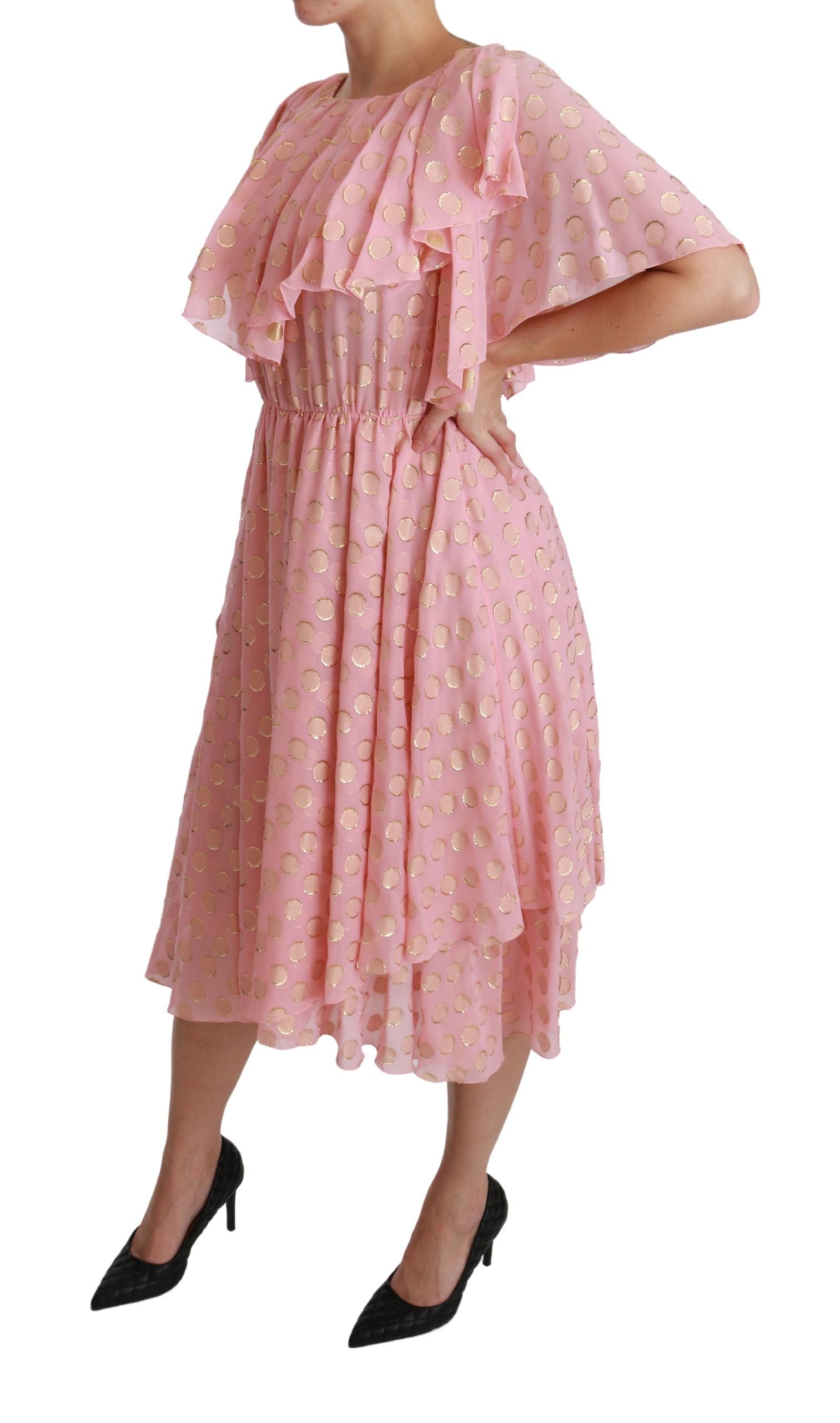 Dolce & Gabbana Silk Pink Polka Dots Pleated A-line Midi Dress Dolce & Gabbana