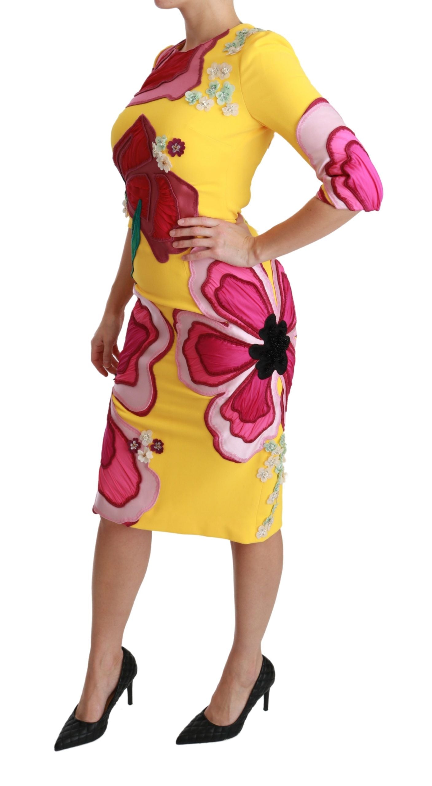 Dolce & Gabbana Yellow Floral Crystal Bodycon Sheath Dress Dolce & Gabbana