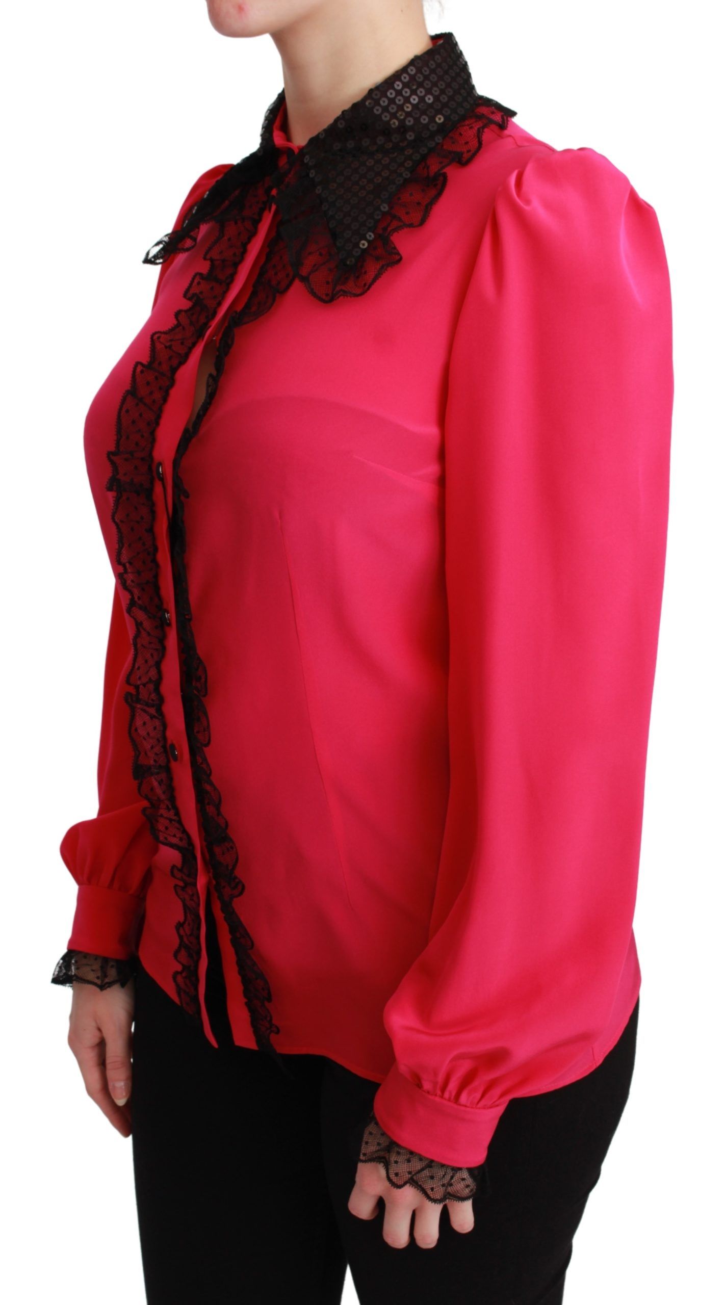 Dolce & Gabbana Pink Silk Black Sequin Lace Shirt Blouse Dolce & Gabbana