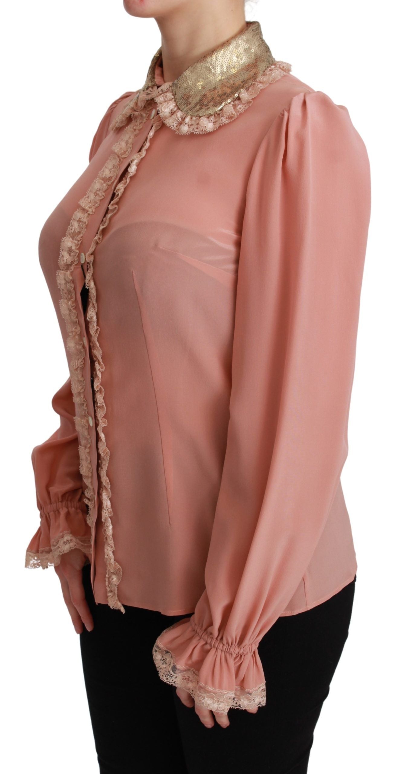 Dolce & Gabbana Pink Silk Gold Sequin Lace Blouse Shirt Dolce & Gabbana