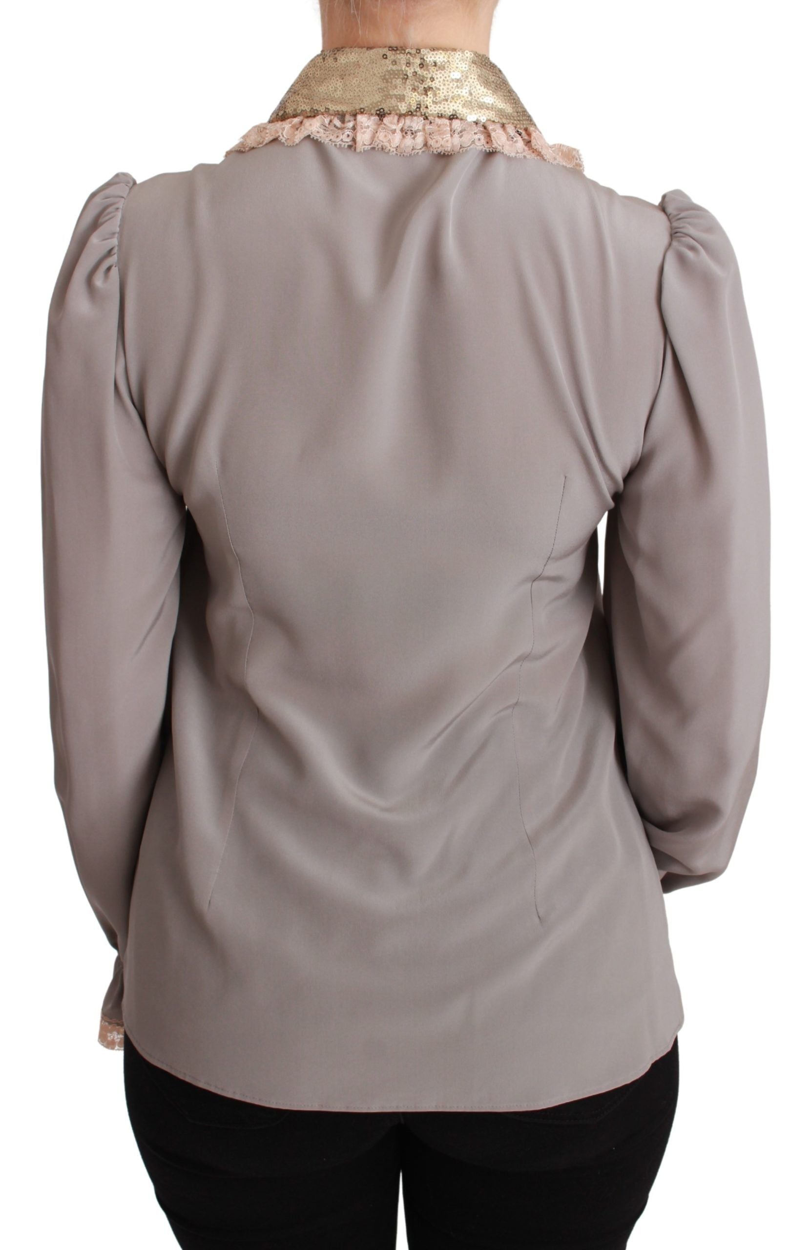 Dolce & Gabbana Gray Silk Gold Sequin Lace Blouse Shirt Dolce & Gabbana