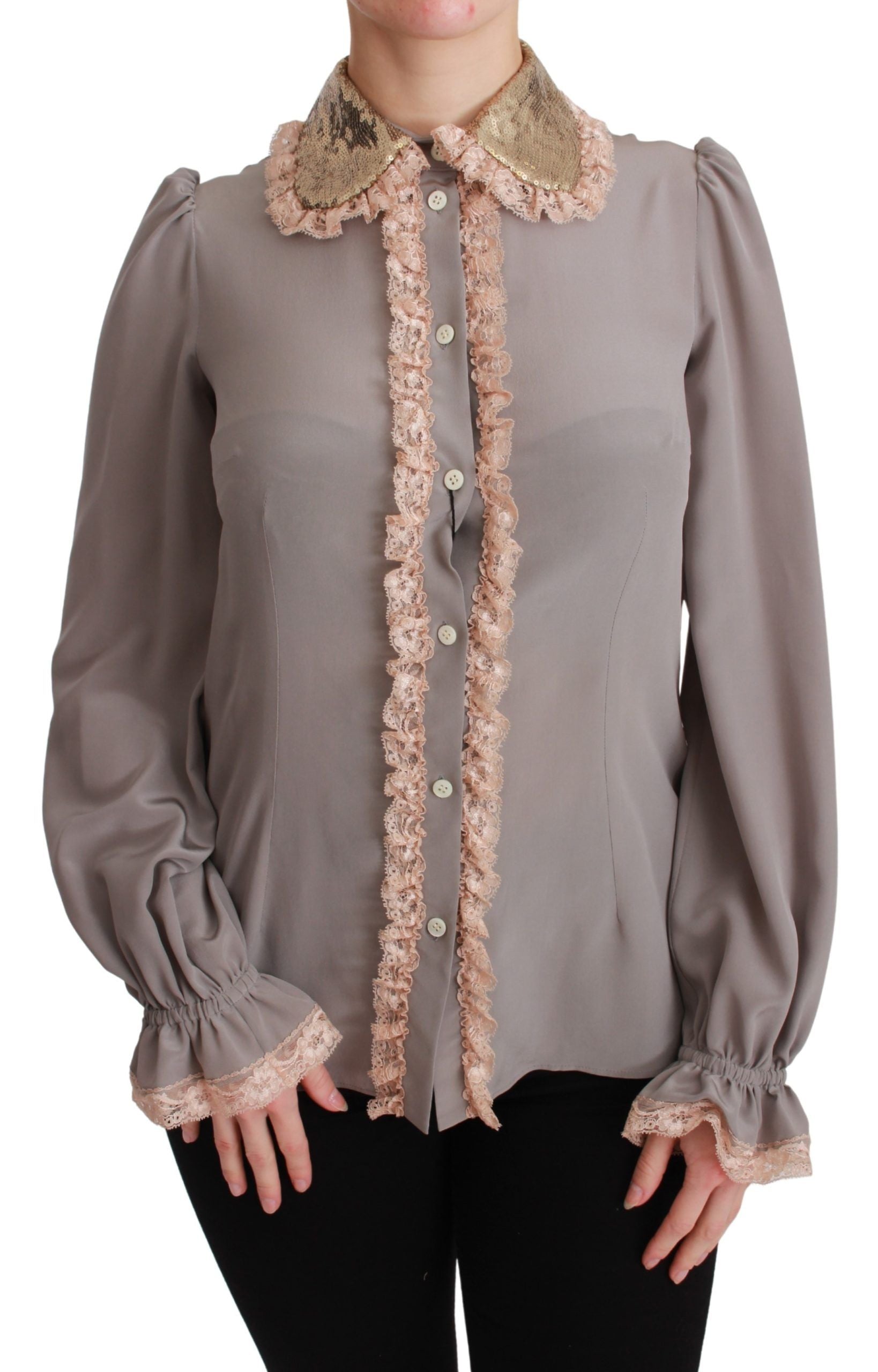 Dolce & Gabbana Gray Silk Gold Sequin Lace Blouse Shirt Dolce & Gabbana