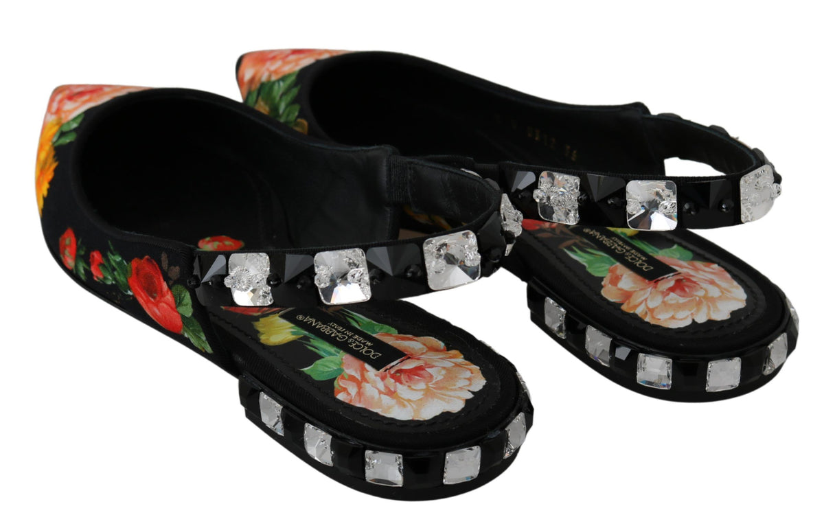 Dolce & Gabbana Black Floral Crystal Slingbacks Flats Shoes Dolce & Gabbana