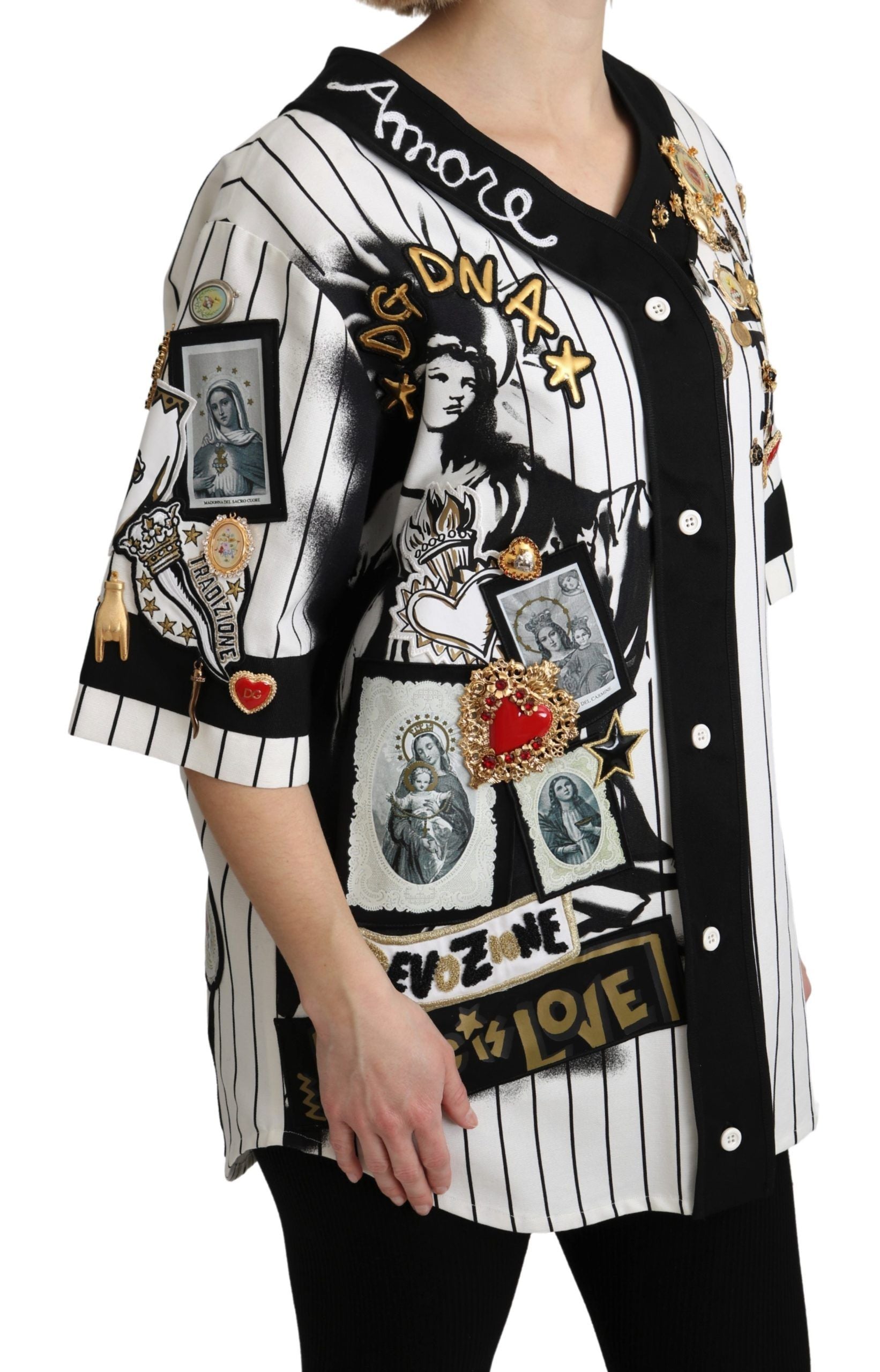 Dolce & Gabbana White and black Blouse Cotton Crystal Charms Amore Shirt Dolce & Gabbana