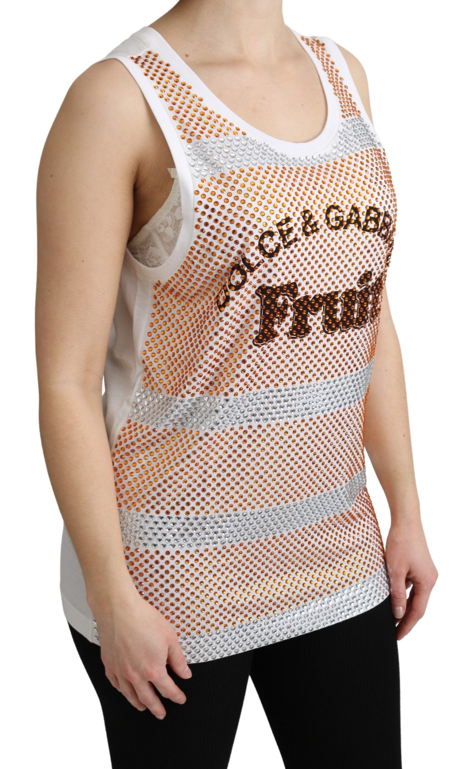 Dolce & Gabbana White Orange Crystal Sleeveless Tank Cotton Top Dolce & Gabbana