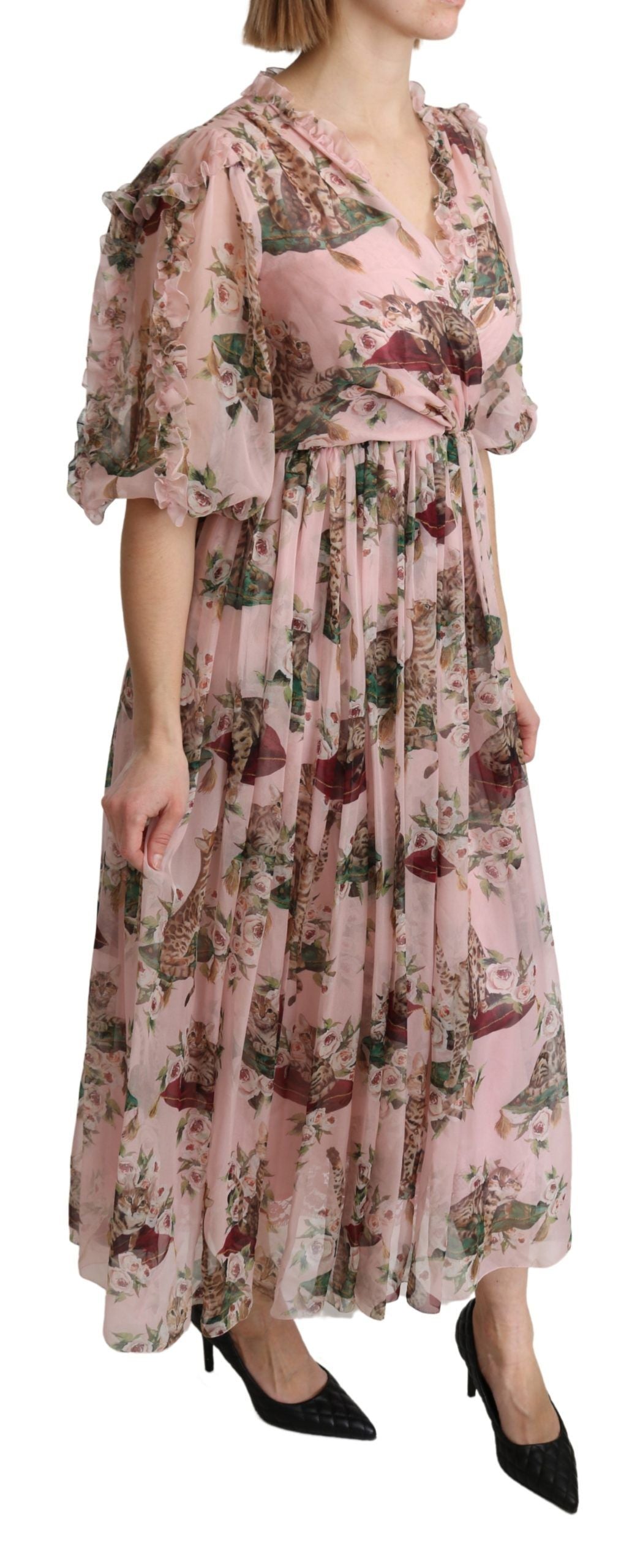 Dolce & Gabbana Pink Bengal Cat Print A-line Maxi Silk Dress Dolce & Gabbana