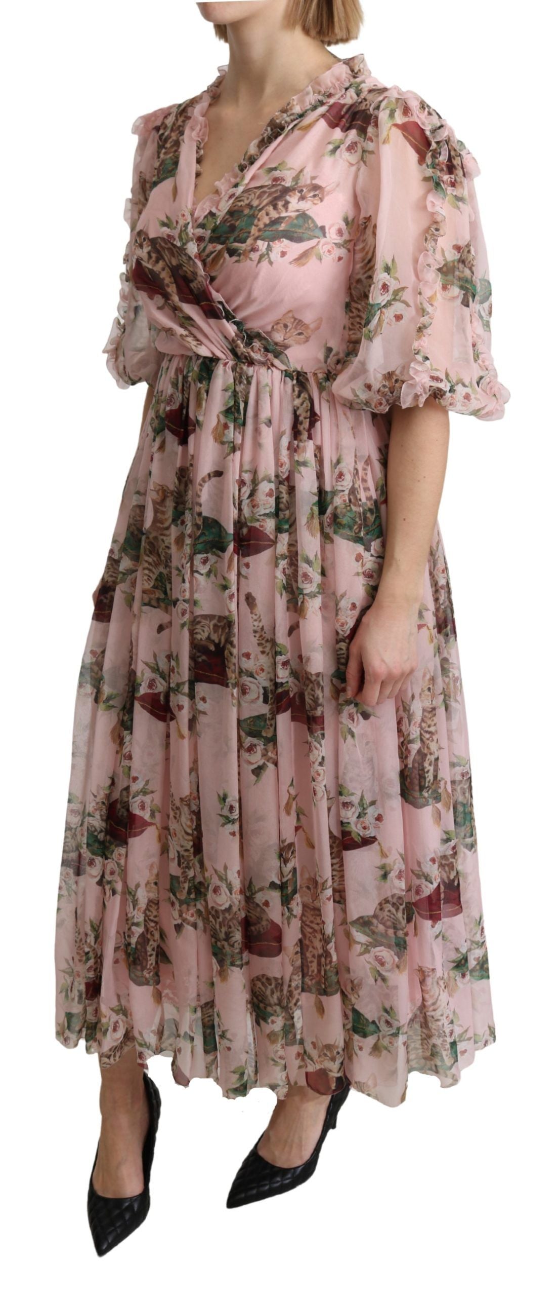 Dolce & Gabbana Pink Bengal Cat Print A-line Maxi Silk Dress Dolce & Gabbana