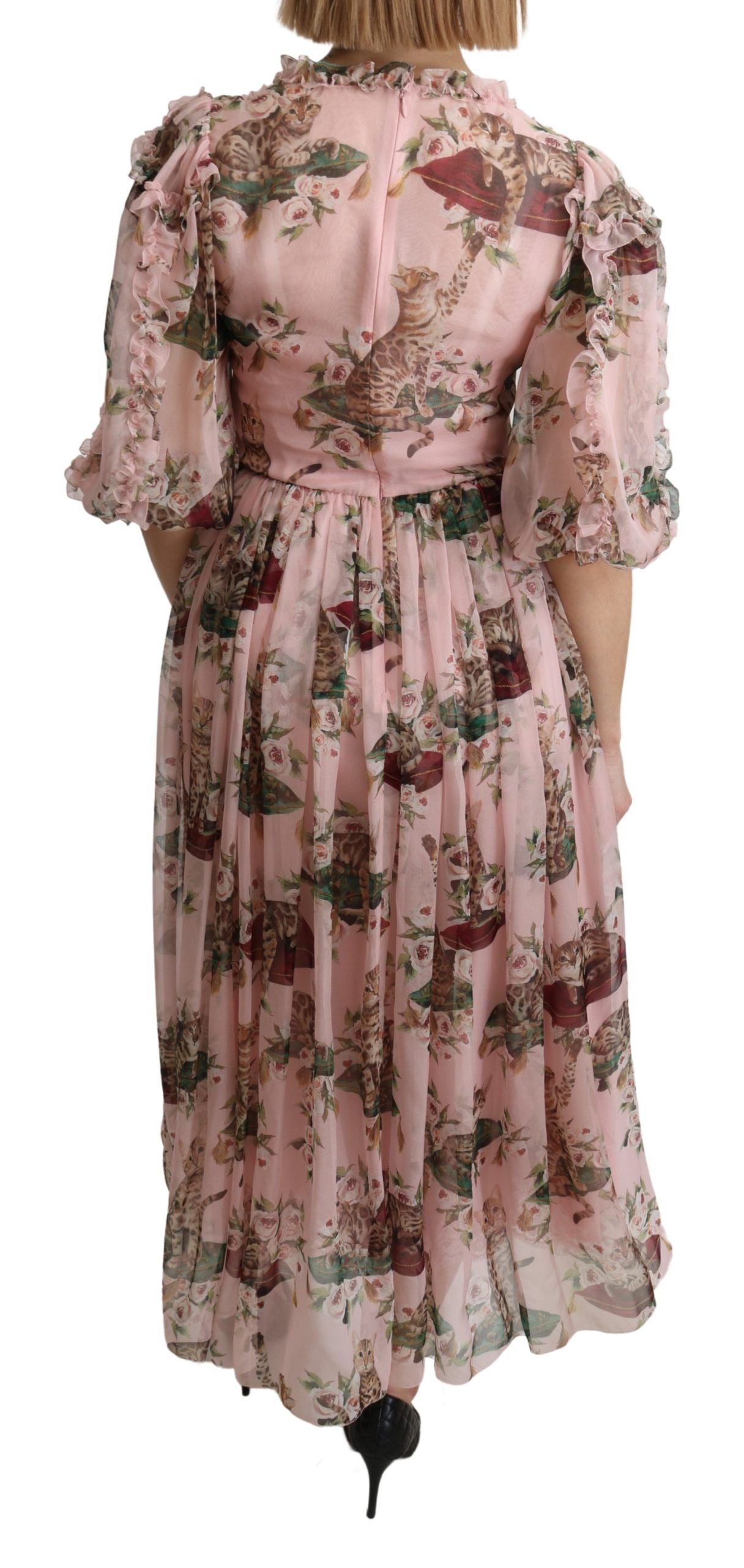 Dolce & Gabbana Pink Bengal Cat Print A-line Maxi Silk Dress Dolce & Gabbana