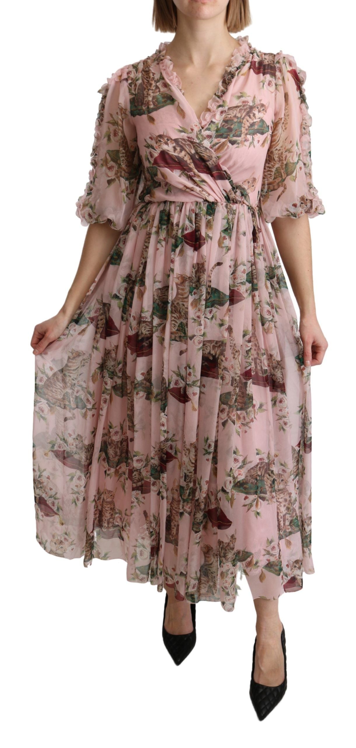 Dolce & Gabbana Pink Bengal Cat Print A-line Maxi Silk Dress Dolce & Gabbana