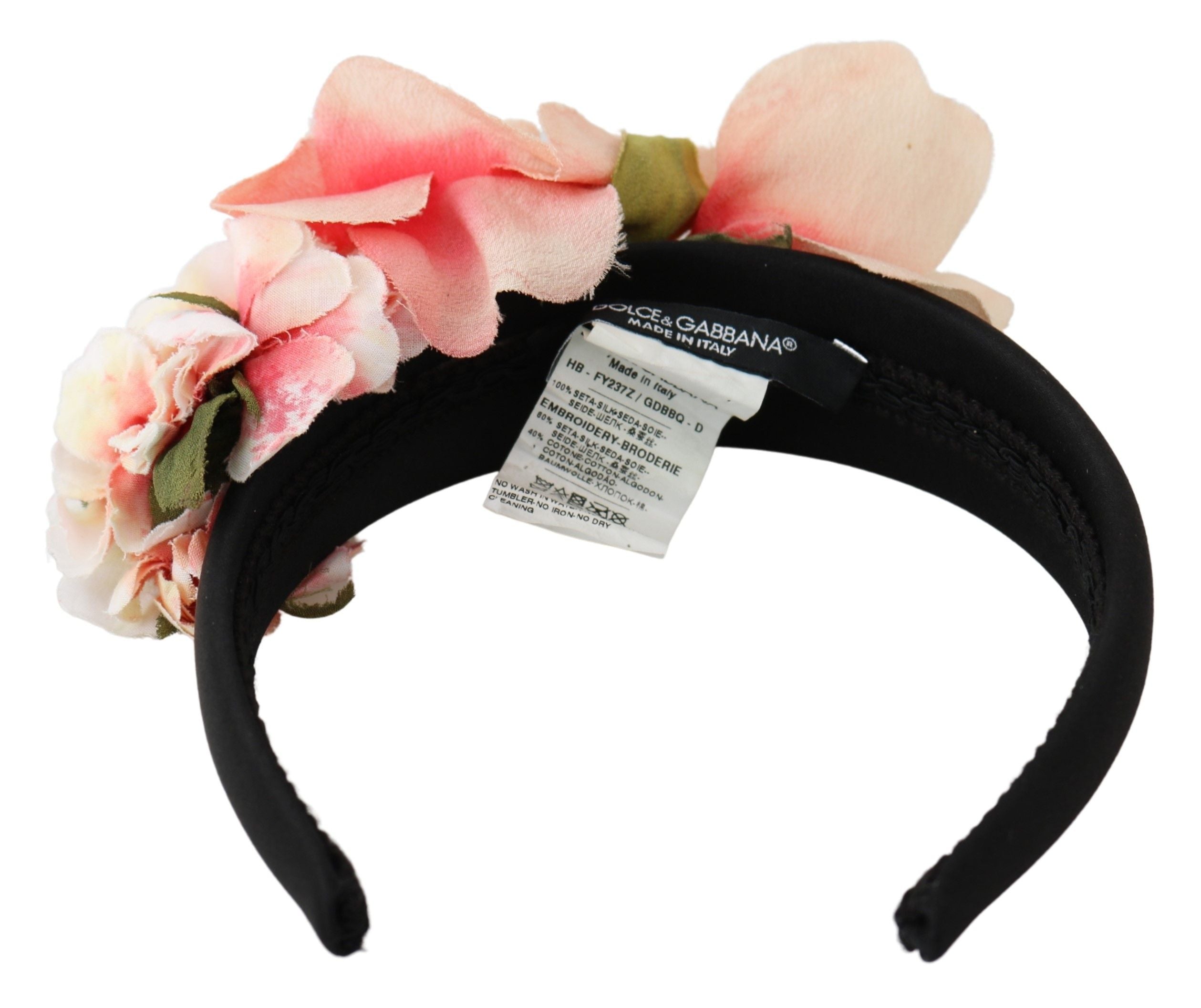 Dolce & Gabbana Pink Silk Black Floral Headband Logo Diadem Dolce & Gabbana