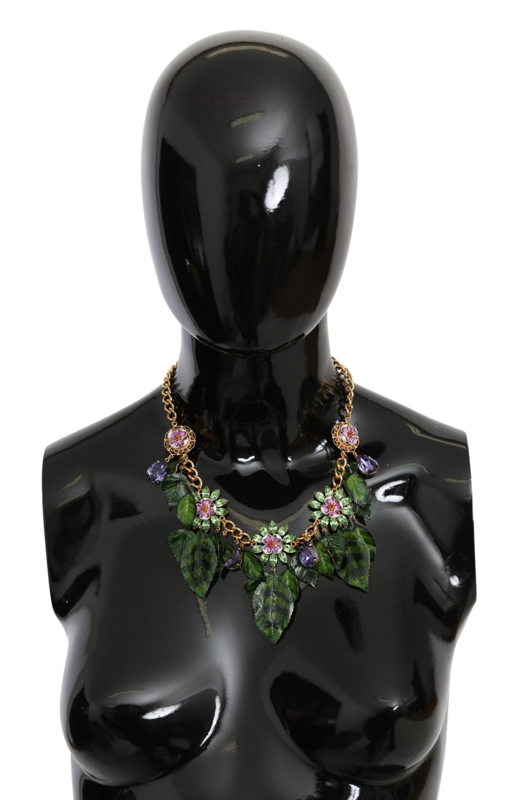 Dolce & Gabbana Green Leaves Gold Brass Crystal Flower Pendant Necklace Dolce & Gabbana