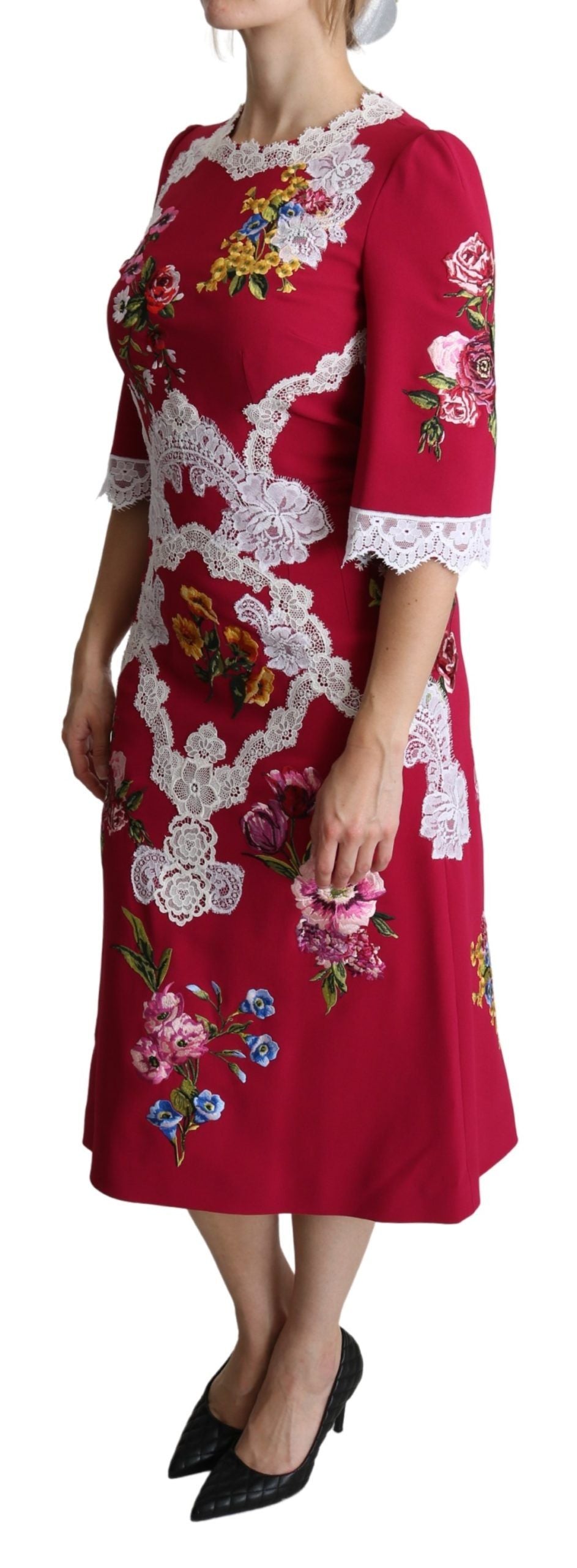 Dolce & Gabbana Red Floral Embroidered Sheath Midi Dress Dolce & Gabbana