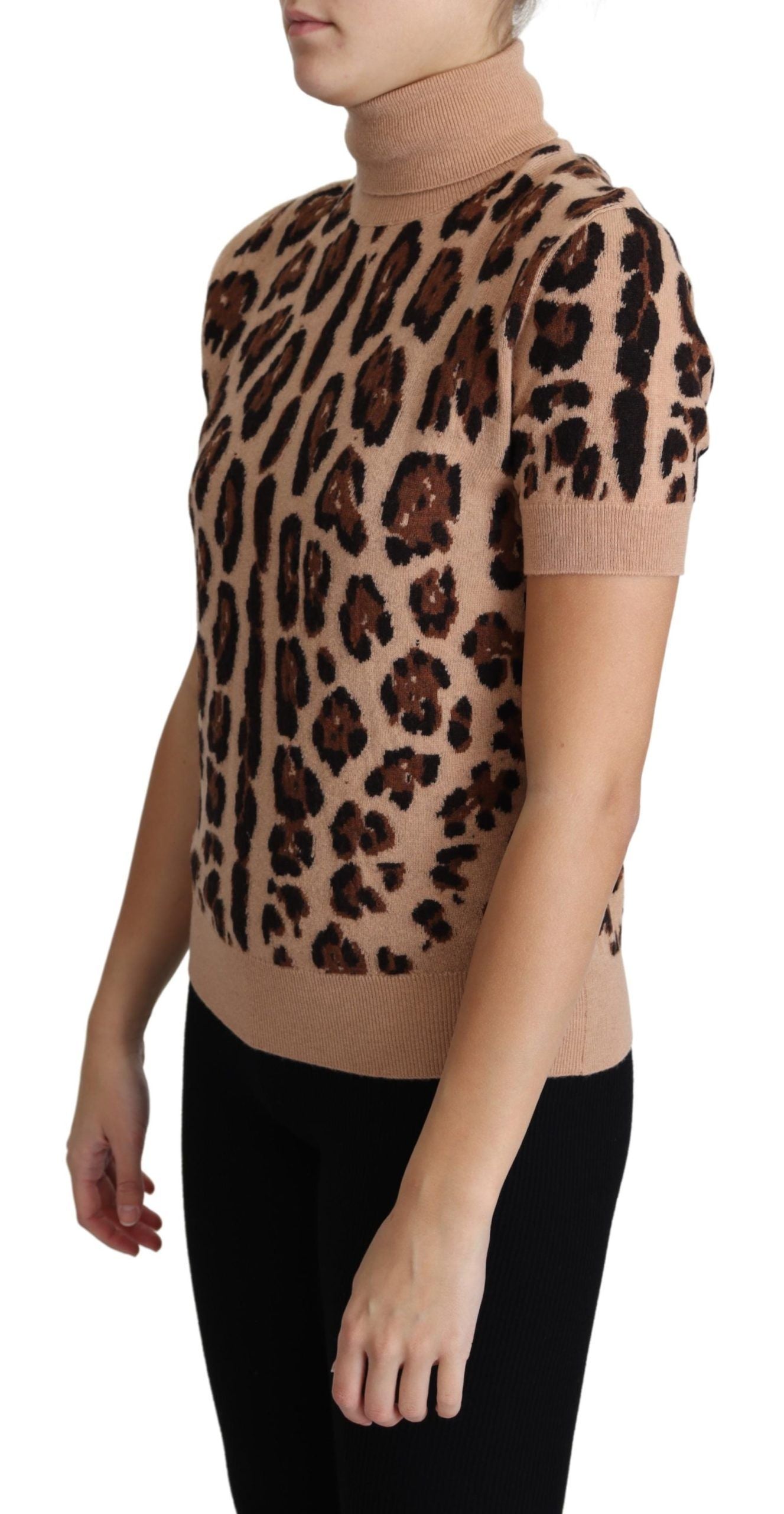 Dolce & Gabbana Beige Leopard Print Virgin Wool Turtleneck Top Dolce & Gabbana