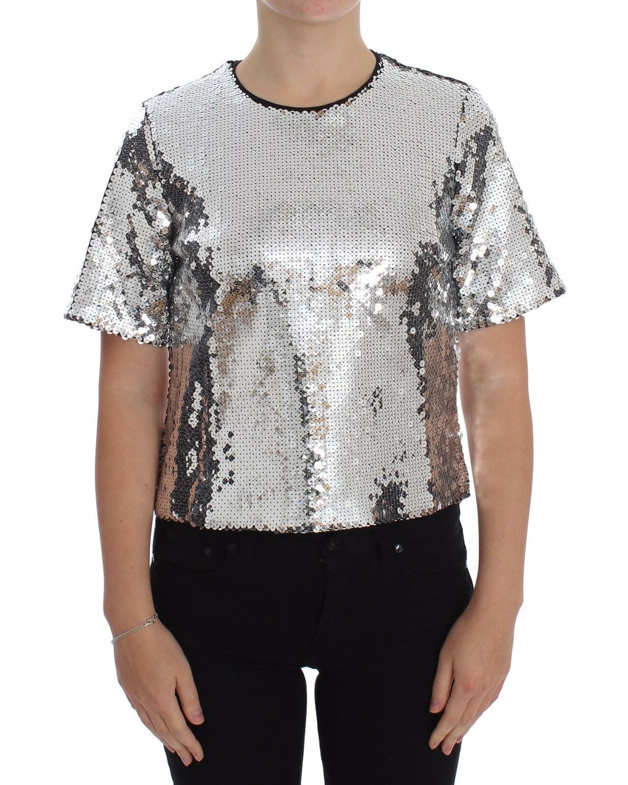 Dolce & Gabbana Silver Sequined Crewneck Blouse T-shirt Top Dolce & Gabbana
