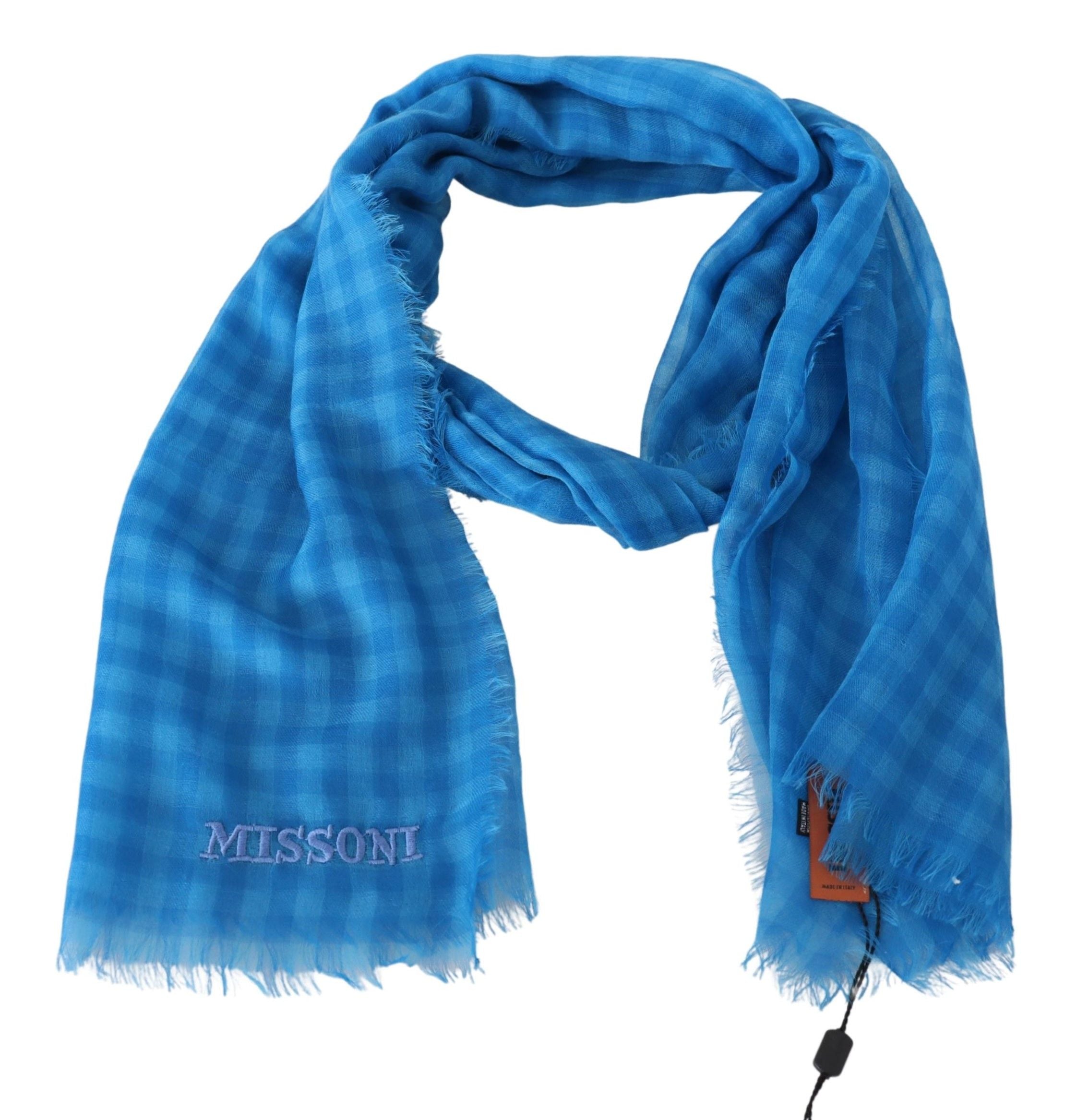Missoni Blue Checkered Cashmere Unisex Wrap Fringes Scarf Missoni