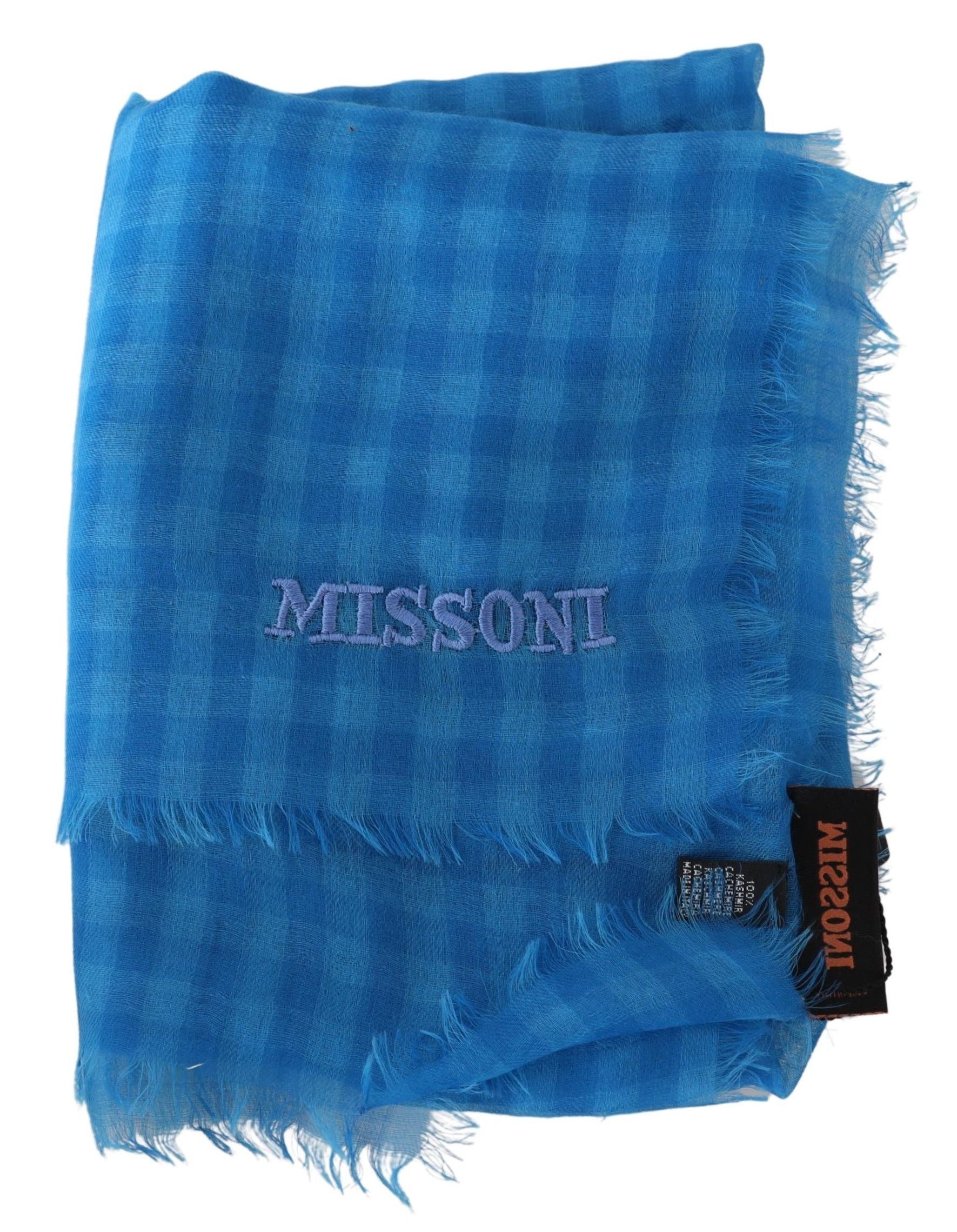 Missoni Blue Checkered Cashmere Unisex Wrap Fringes Scarf Missoni