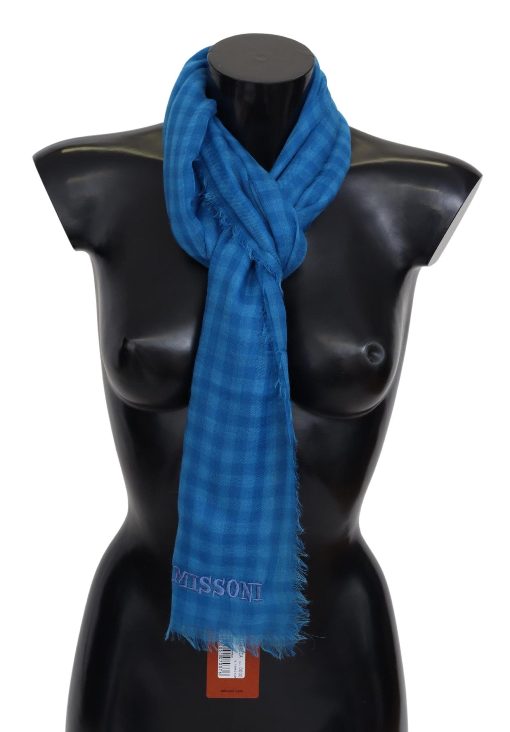 Missoni Blue Checkered Cashmere Unisex Wrap Fringes Scarf Missoni