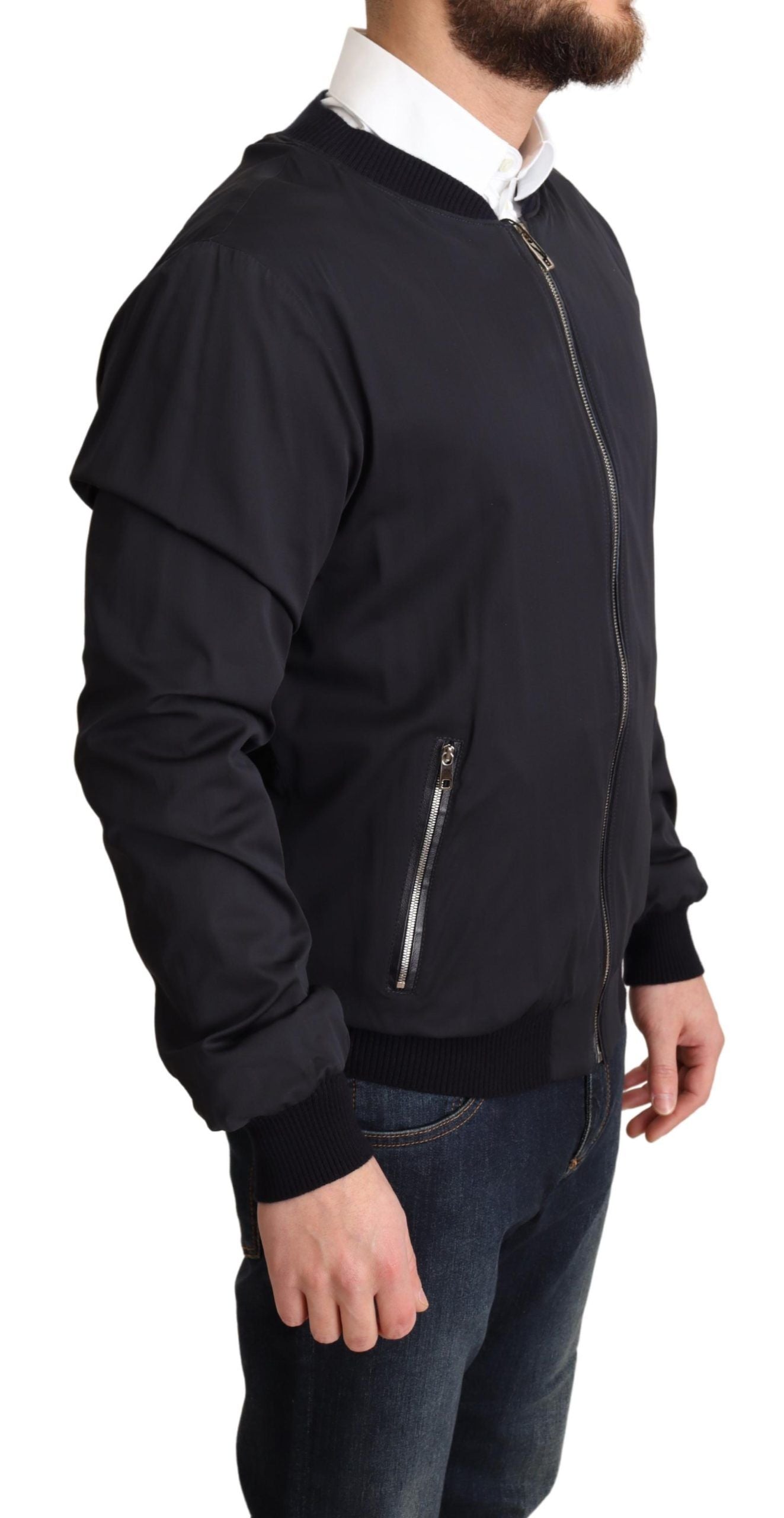 Dolce & Gabbana Blue Silk Coat Short Bomber Men Jacket Dolce & Gabbana