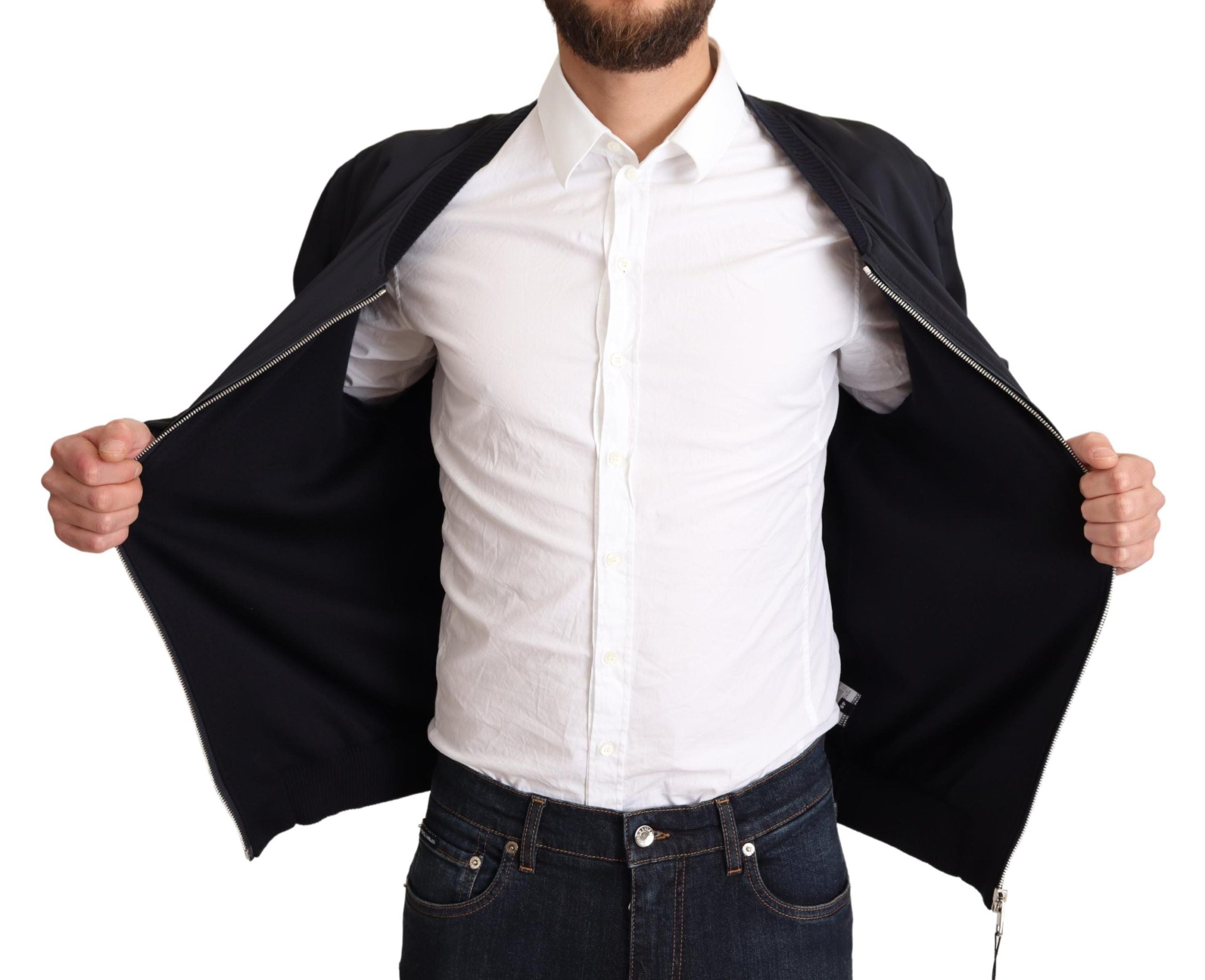 Dolce & Gabbana Blue Silk Coat Short Bomber Men Jacket Dolce & Gabbana