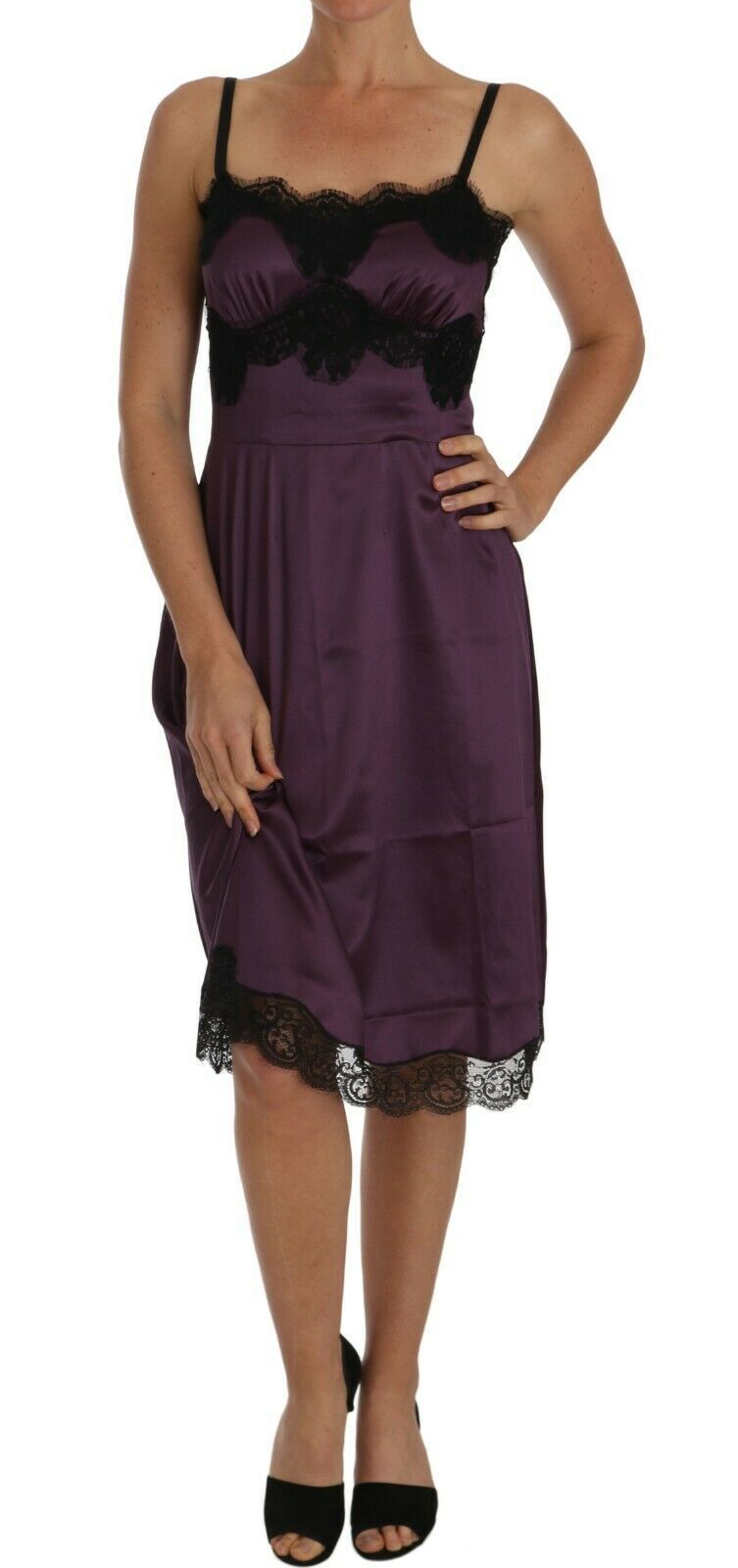Dolce & Gabbana Purple Silk Stretch Black Lace A-Line Dress Dolce & Gabbana