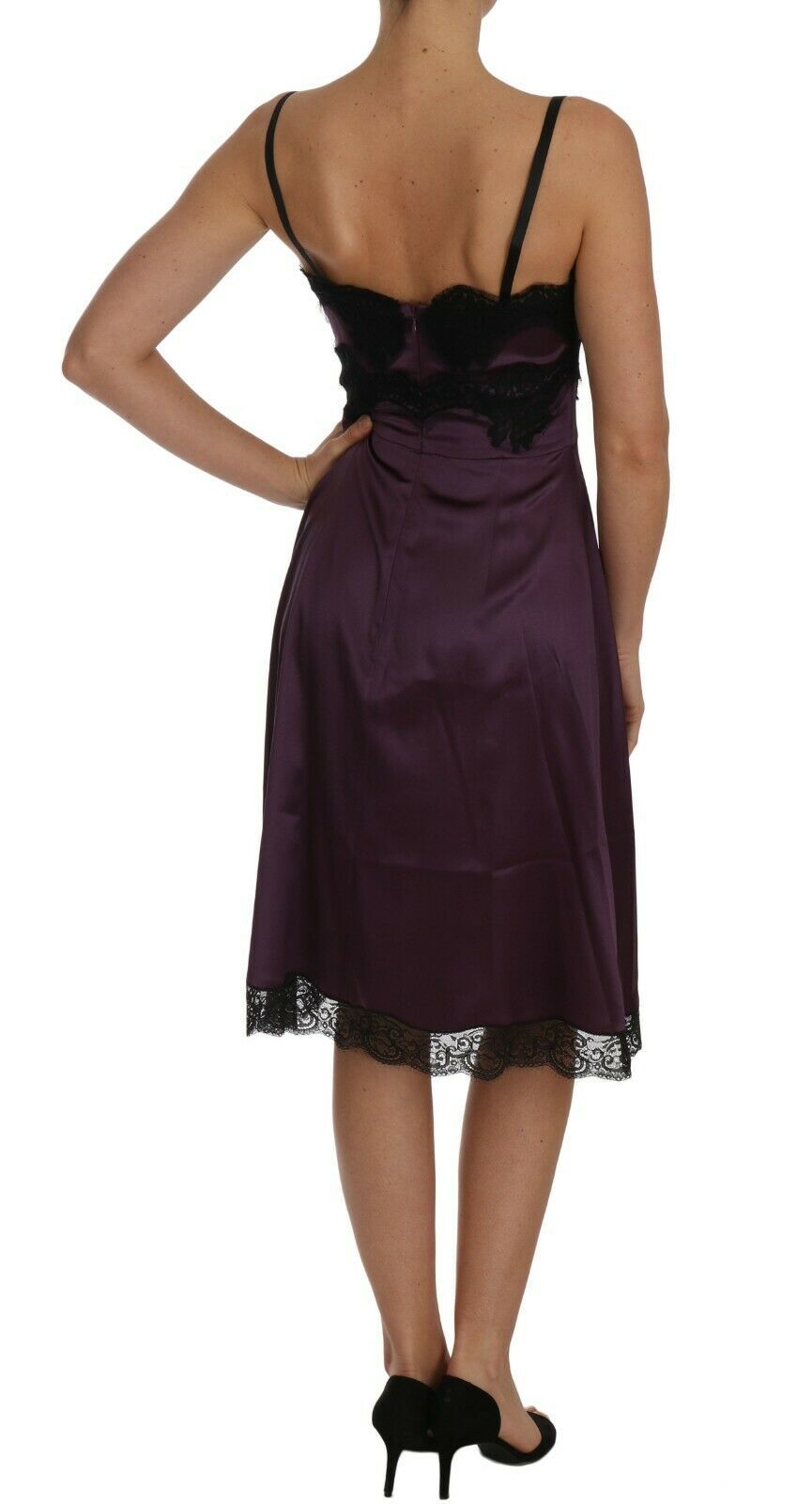 Dolce & Gabbana Purple Silk Stretch Black Lace A-Line Dress Dolce & Gabbana