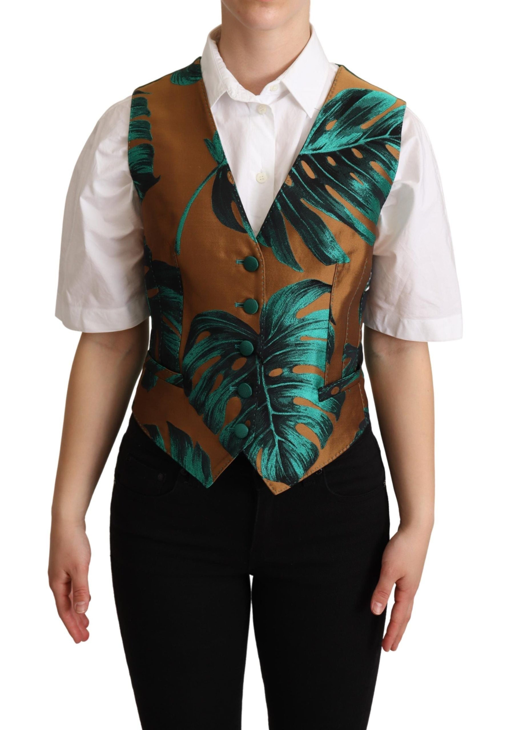 Dolce & Gabbana Green Jacquard Leaf Gold Waistcoat Vest Dolce & Gabbana