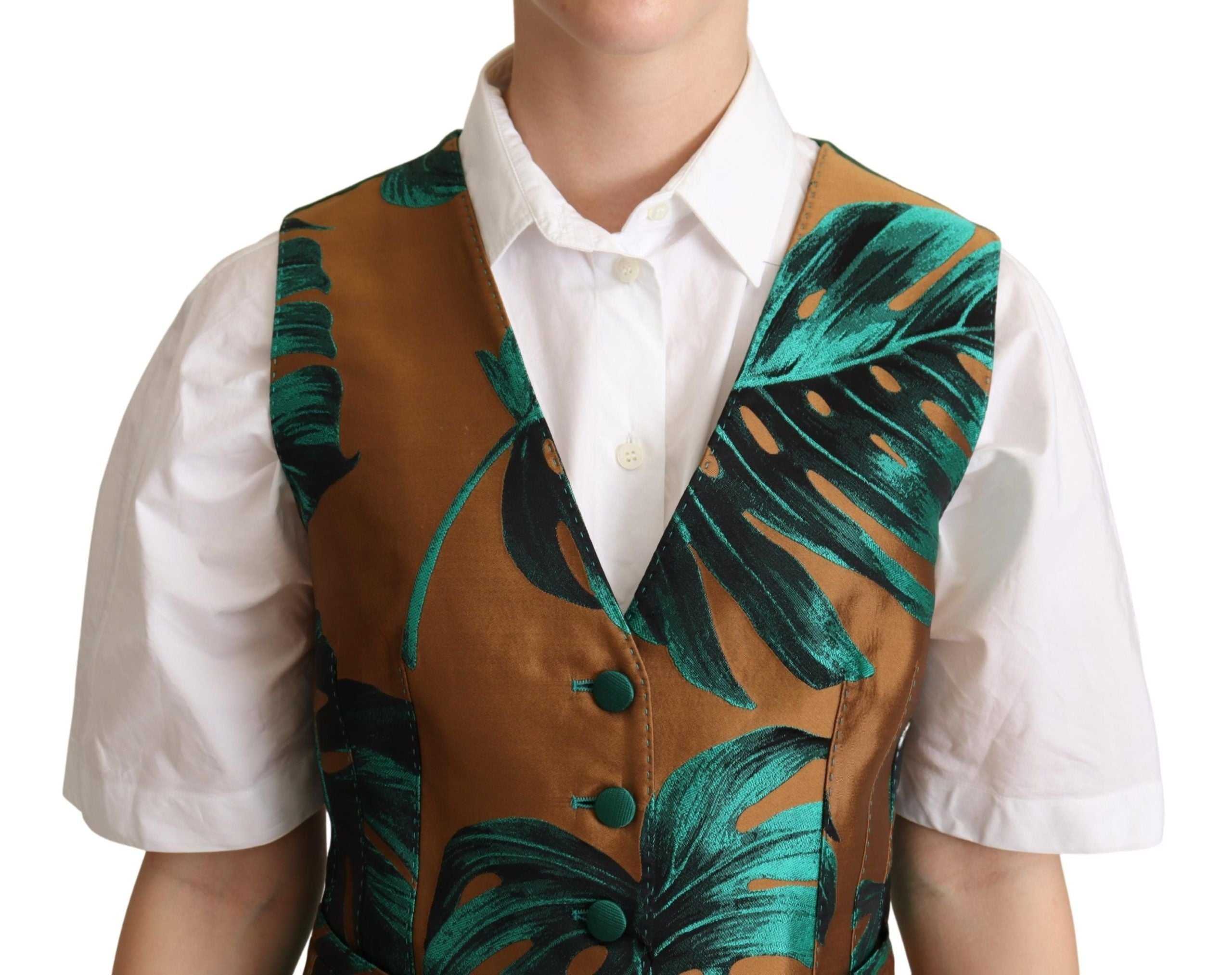 Dolce & Gabbana Green Jacquard Leaf Gold Waistcoat Vest Dolce & Gabbana